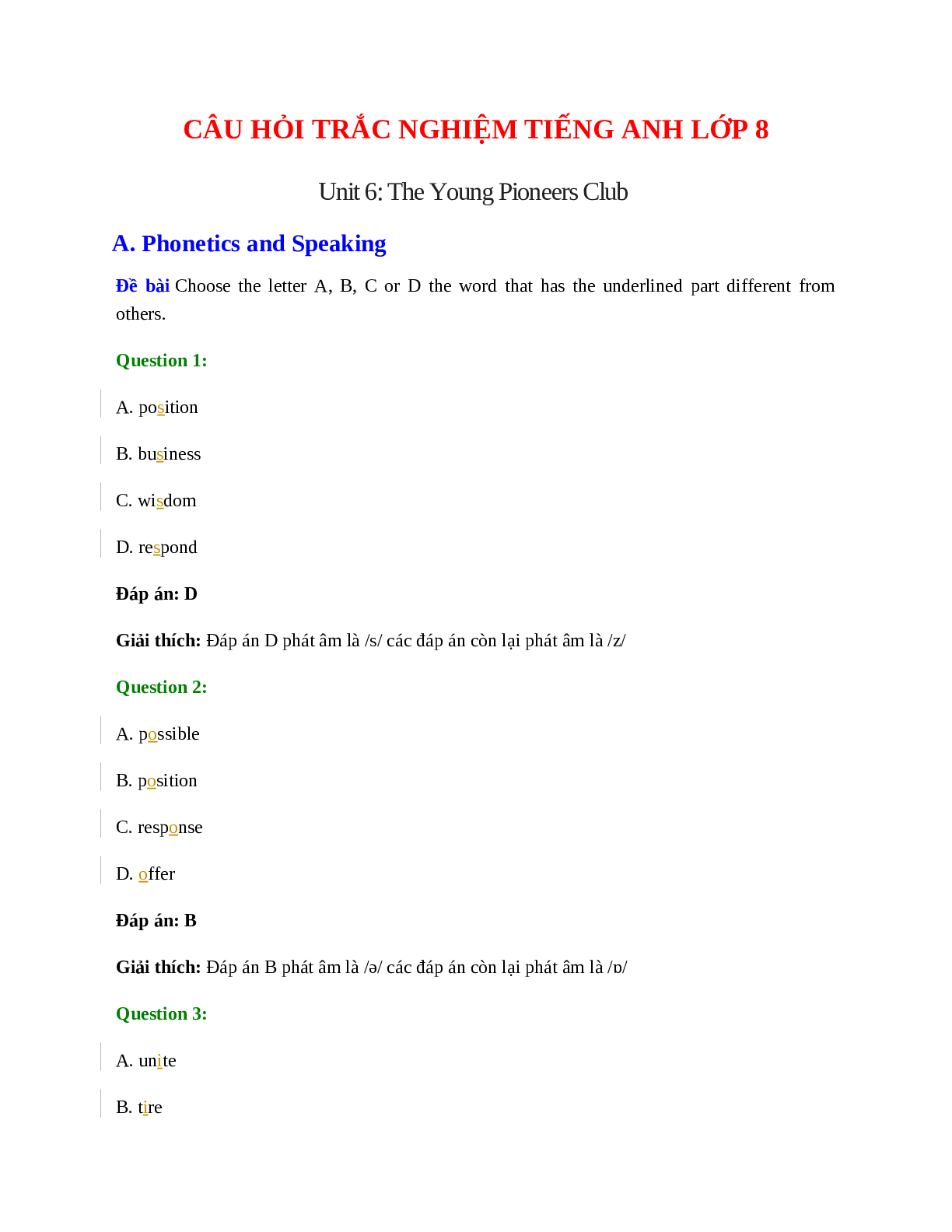 60 câu Trắc nghiệm Tiếng Anh 8 Unit 6 có đáp án 2023: The Young Pioneers Club (trang 1)