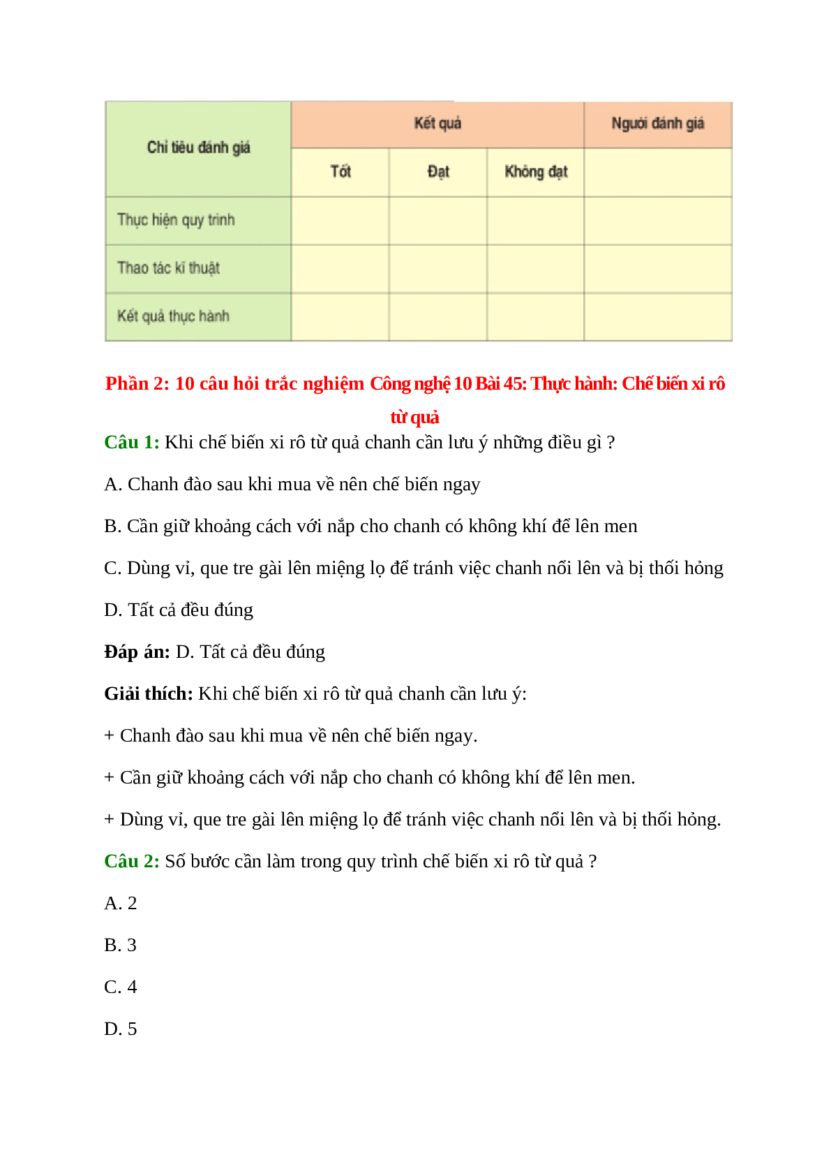 Công nghệ 10 Bài 45: Thực hành: Chế biến xi rô từ quả (trang 2)