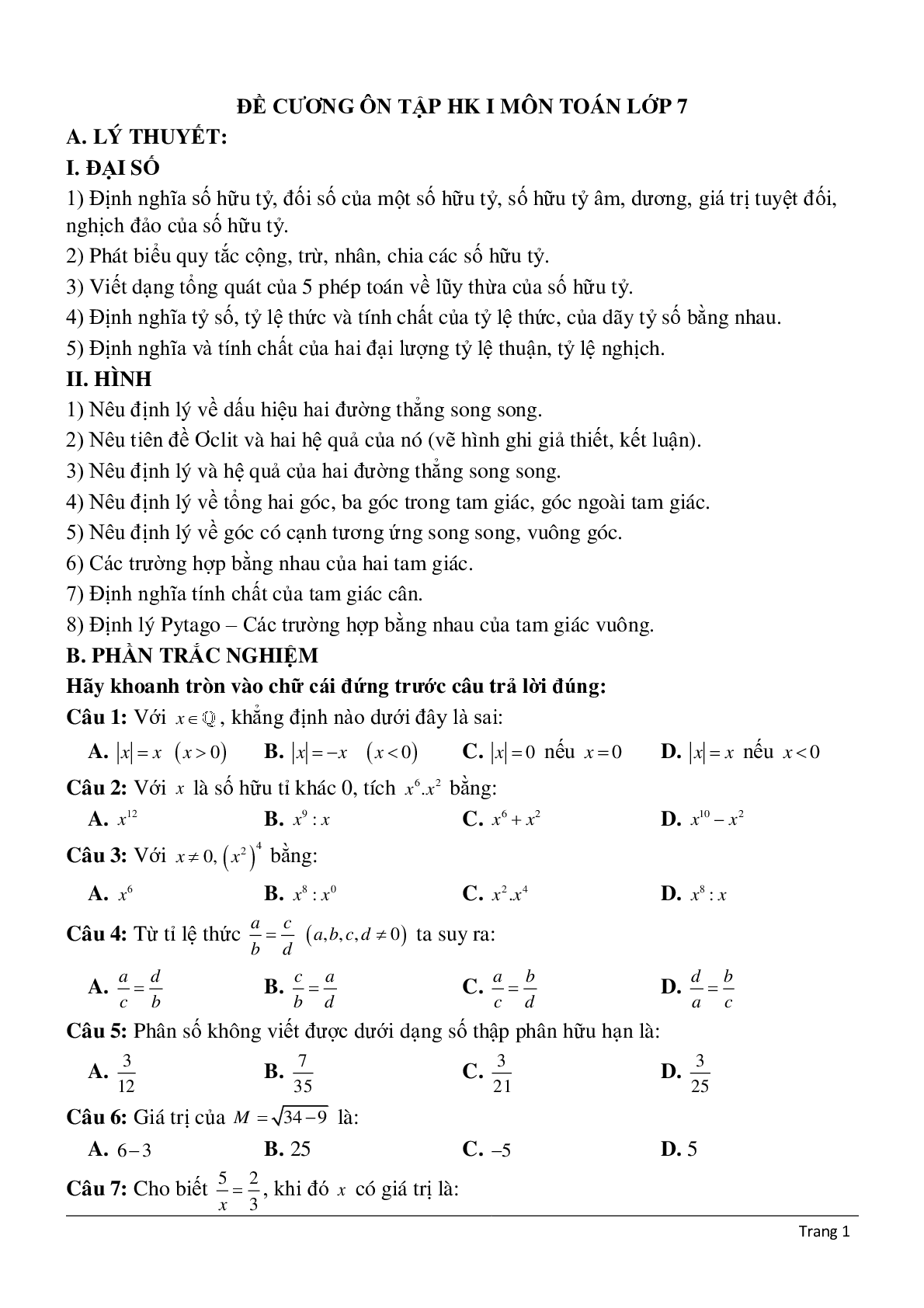 Đề cương ôn tập học kì 1 môn toán lớp 7 (trang 1)