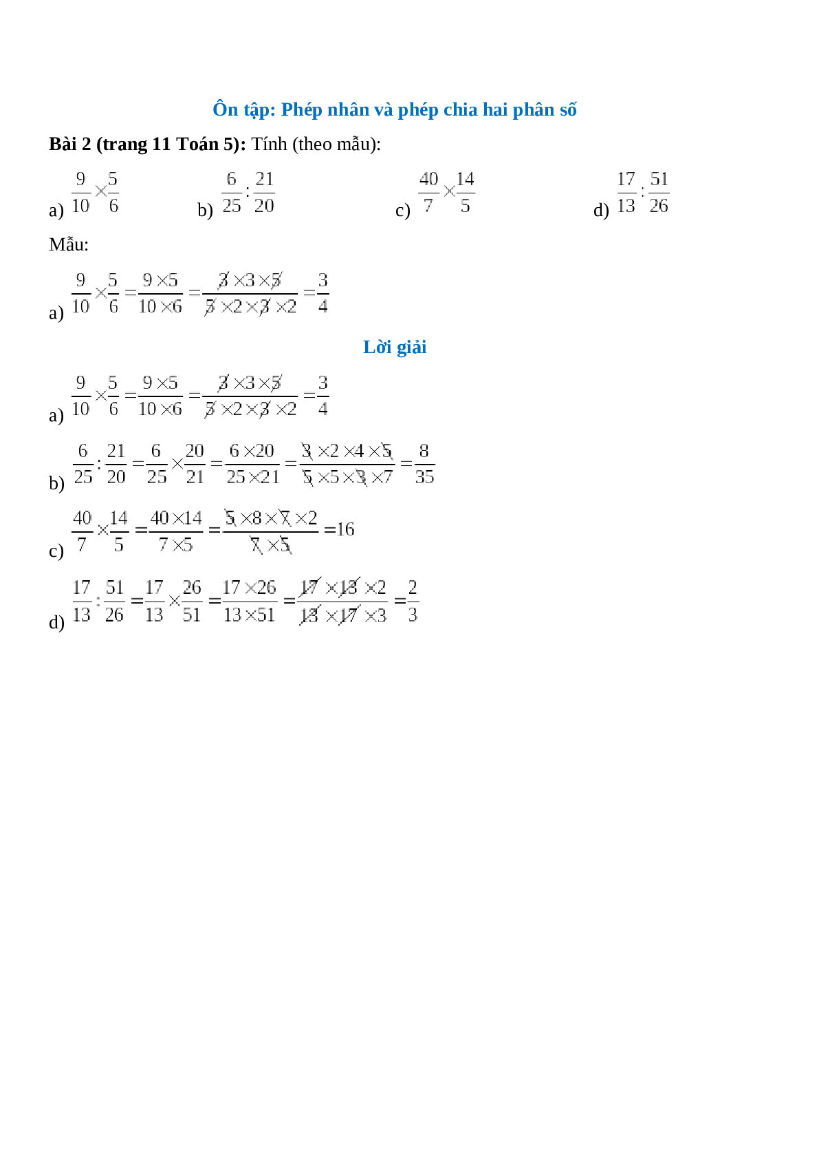 Tính (theo mẫu): 9/10 x 5/6 (trang 1)