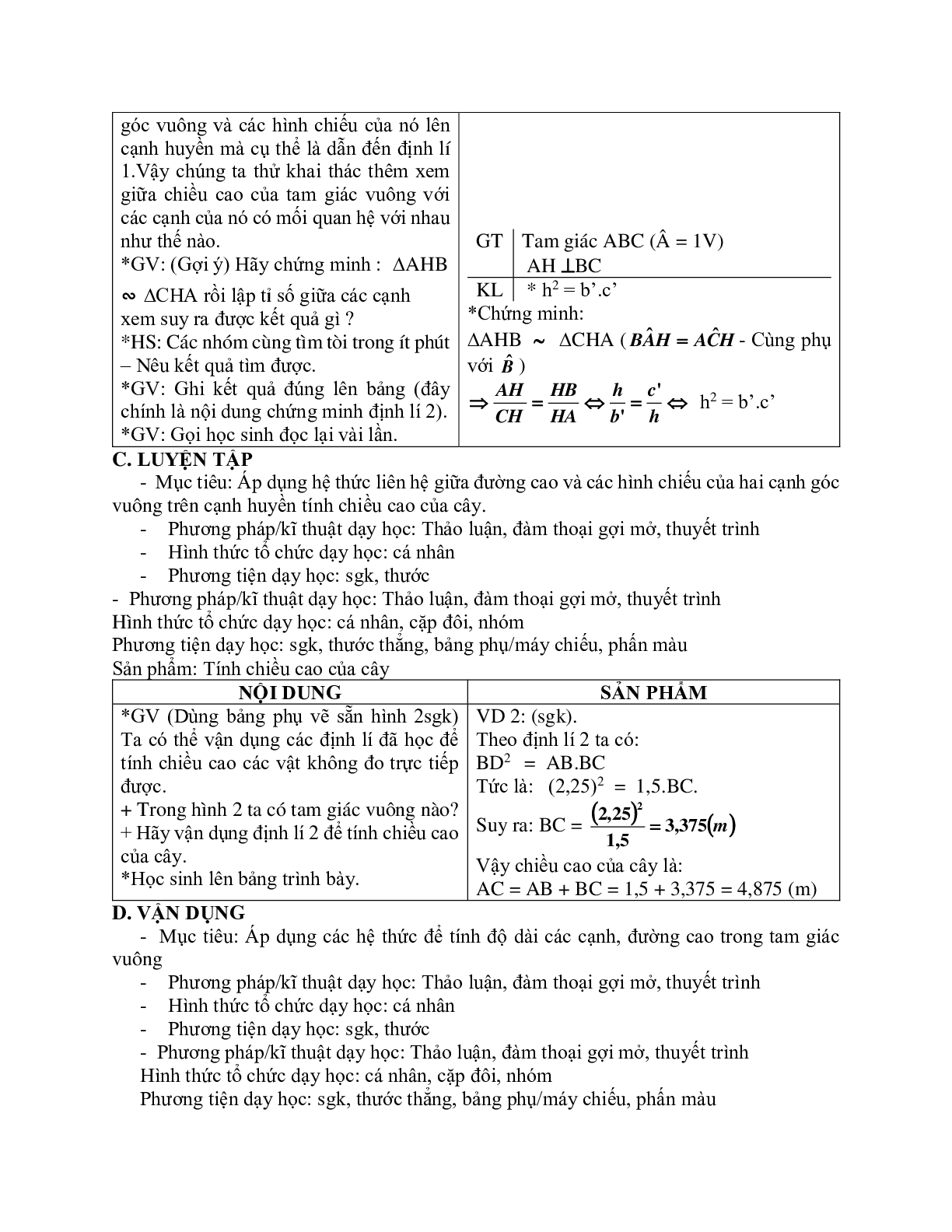 Giáo án Toán 9 bài 1: Một số hệ thức về cạnh và đường cao trong tam giác vuông mới nhất (trang 3)