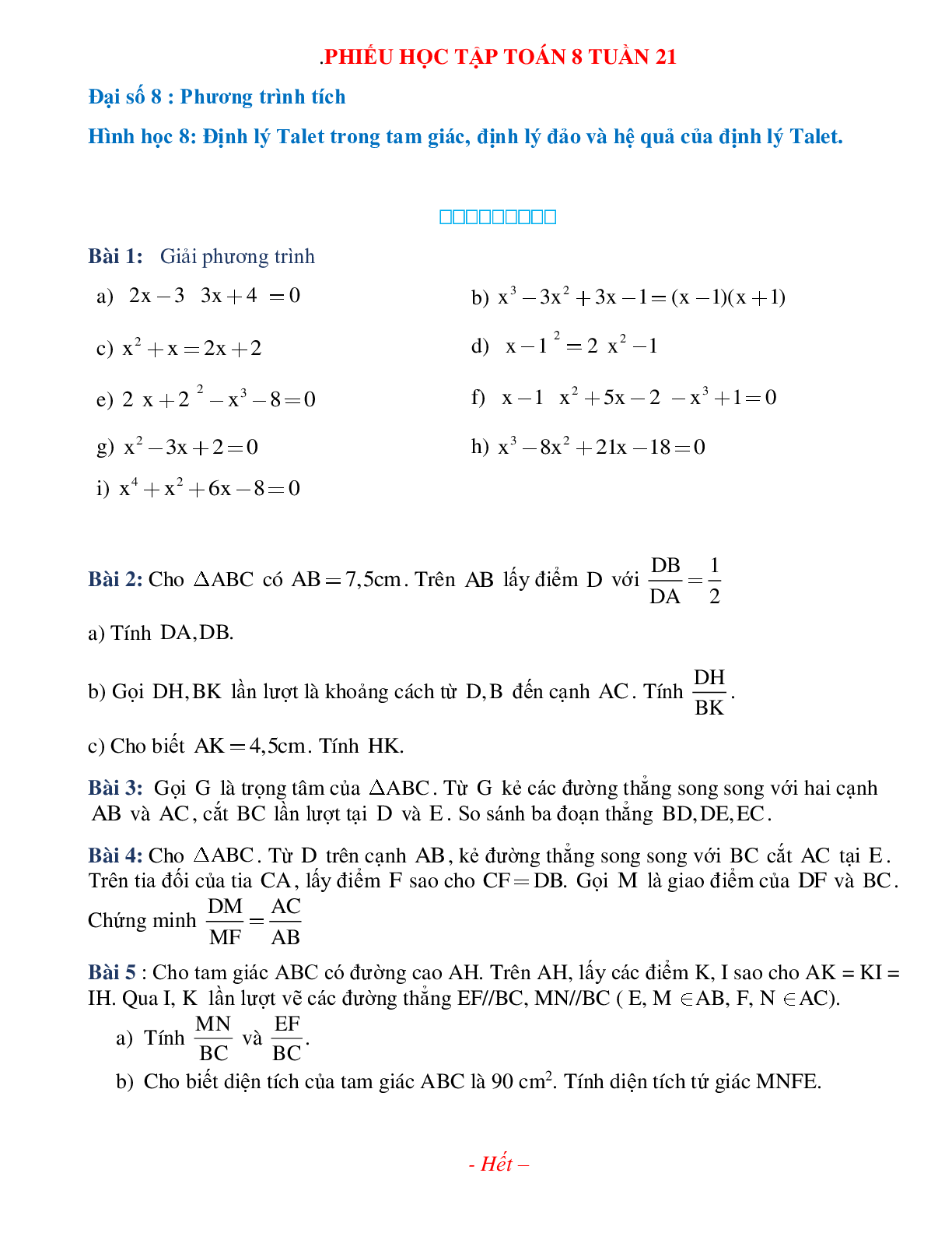 Phiếu bài tập tuần 21 - Toán 8 (trang 1)