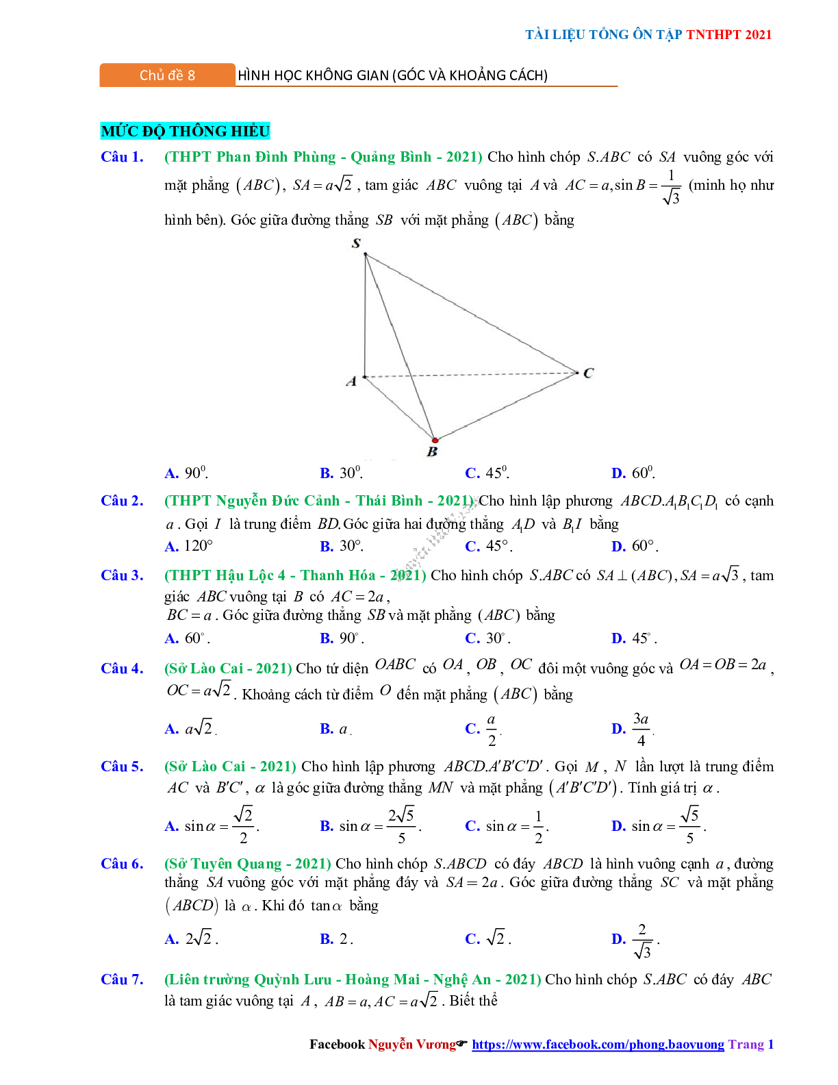 Trắc nghiệm Ôn thi THPT QG Toán 12: Câu hỏi hình học không gian mức độ  thông hiểu (trang 1)