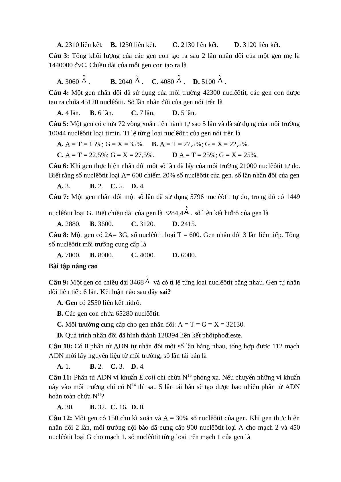 76 câu Trắc nghiệm tự luận phần Gen, ADN 2023 - Sinh học 12 (trang 9)
