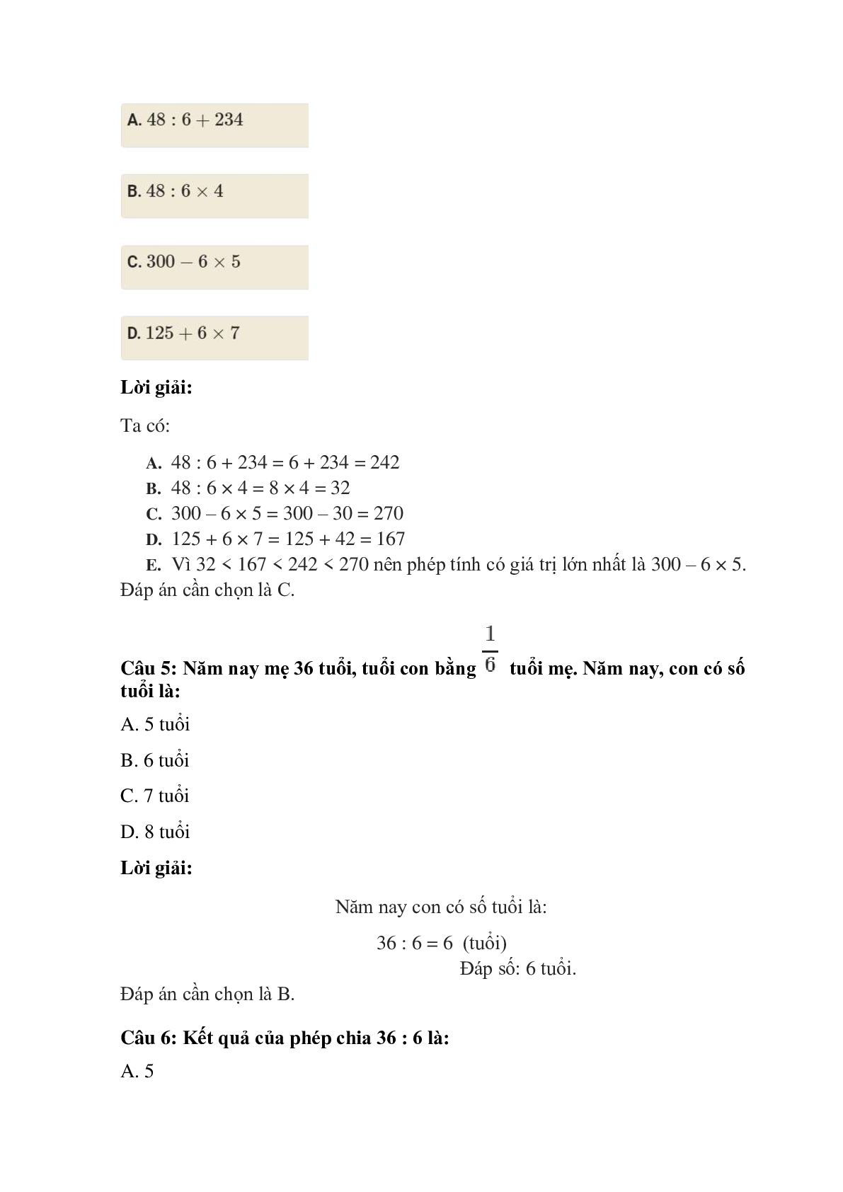 Trắc nghiệm Bảng chia 6 có đáp án – Toán lớp 3 (trang 2)