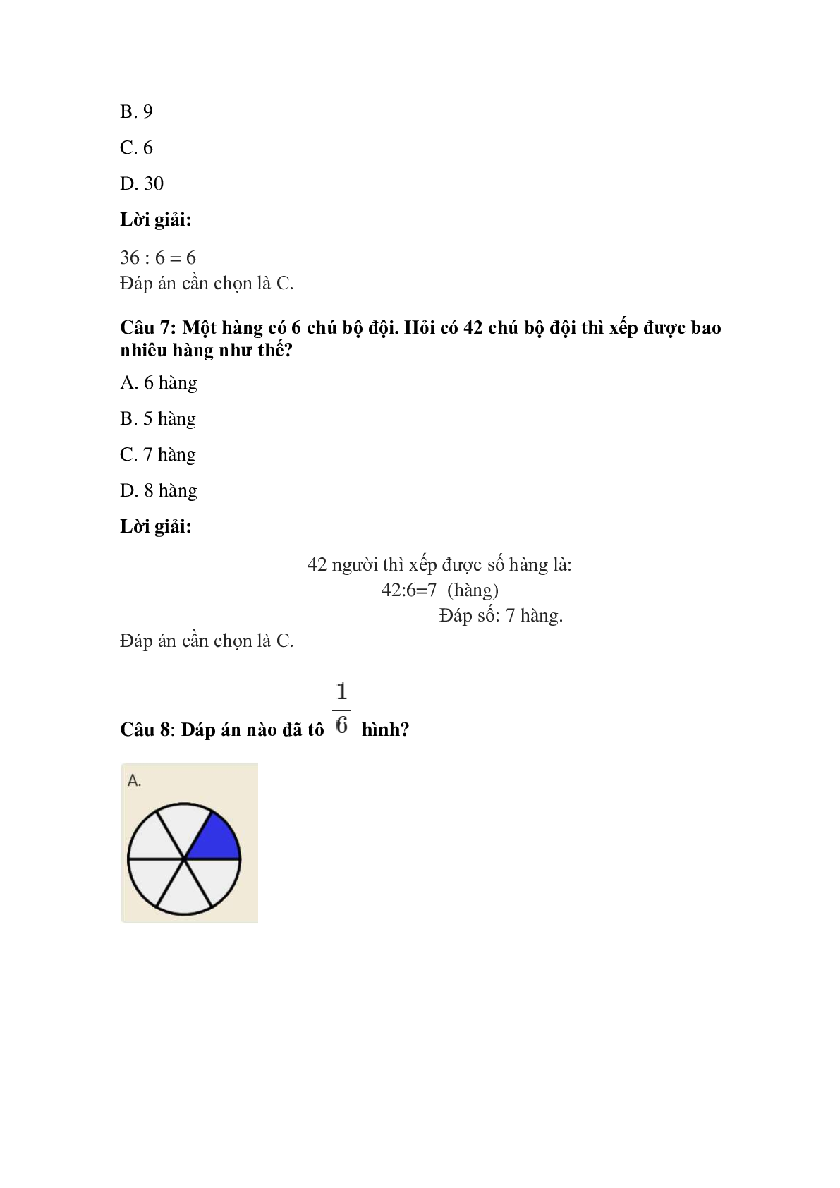 Trắc nghiệm Bảng chia 6 có đáp án – Toán lớp 3 (trang 3)
