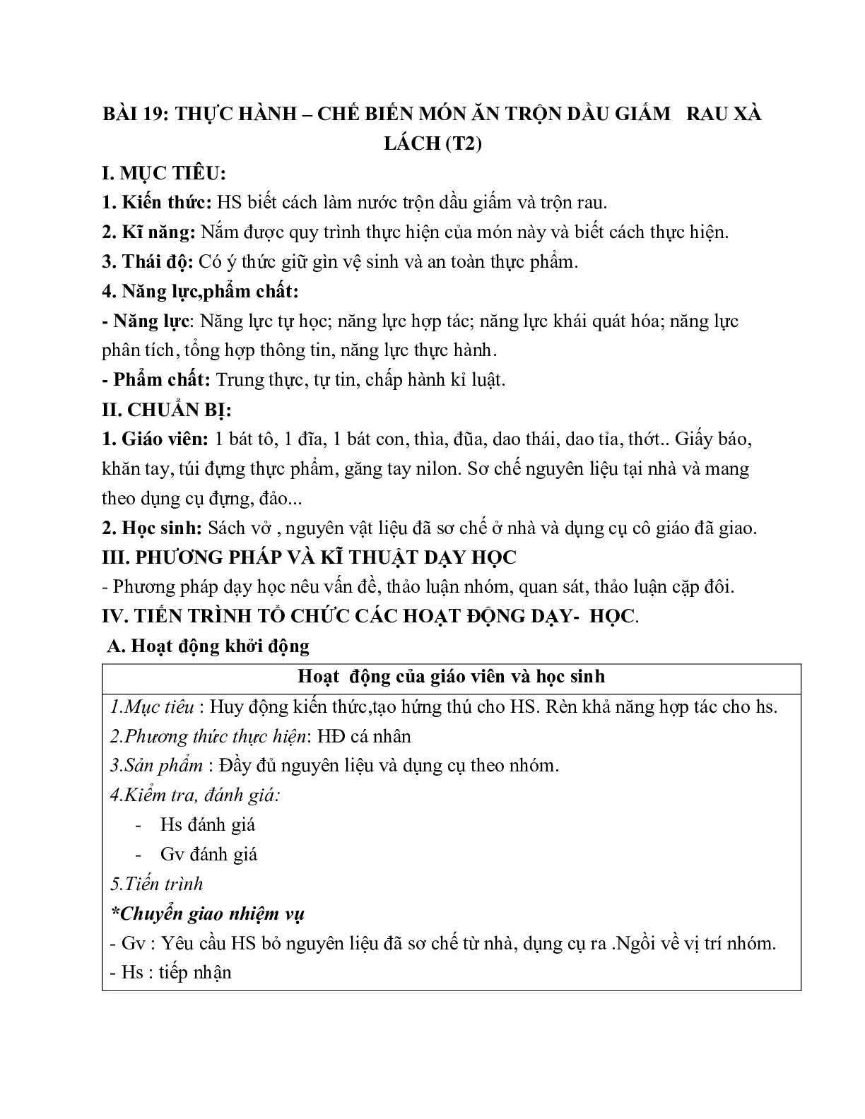 GIÁO ÁN CÔNG NGHỆ 6 BÀI 19: THỰC HÀNH – CHẾ BIẾN MÓN ĂN TRỘN DẦU GIẤM   RAU XÀ LÁCH (T2) MỚI NHẤT (trang 1)