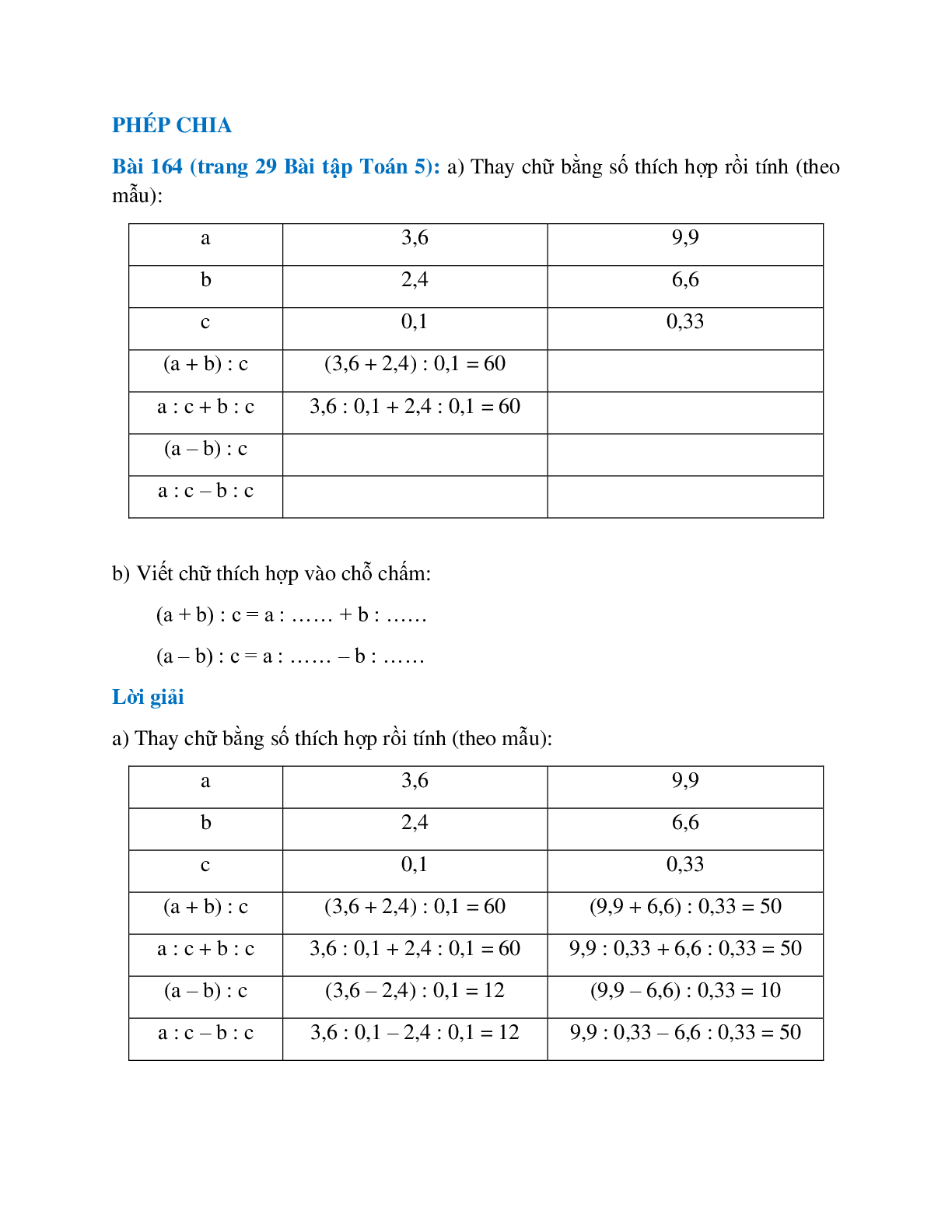 Thay chữ bằng số thích hợp rồi tính theo mẫu (trang 1)
