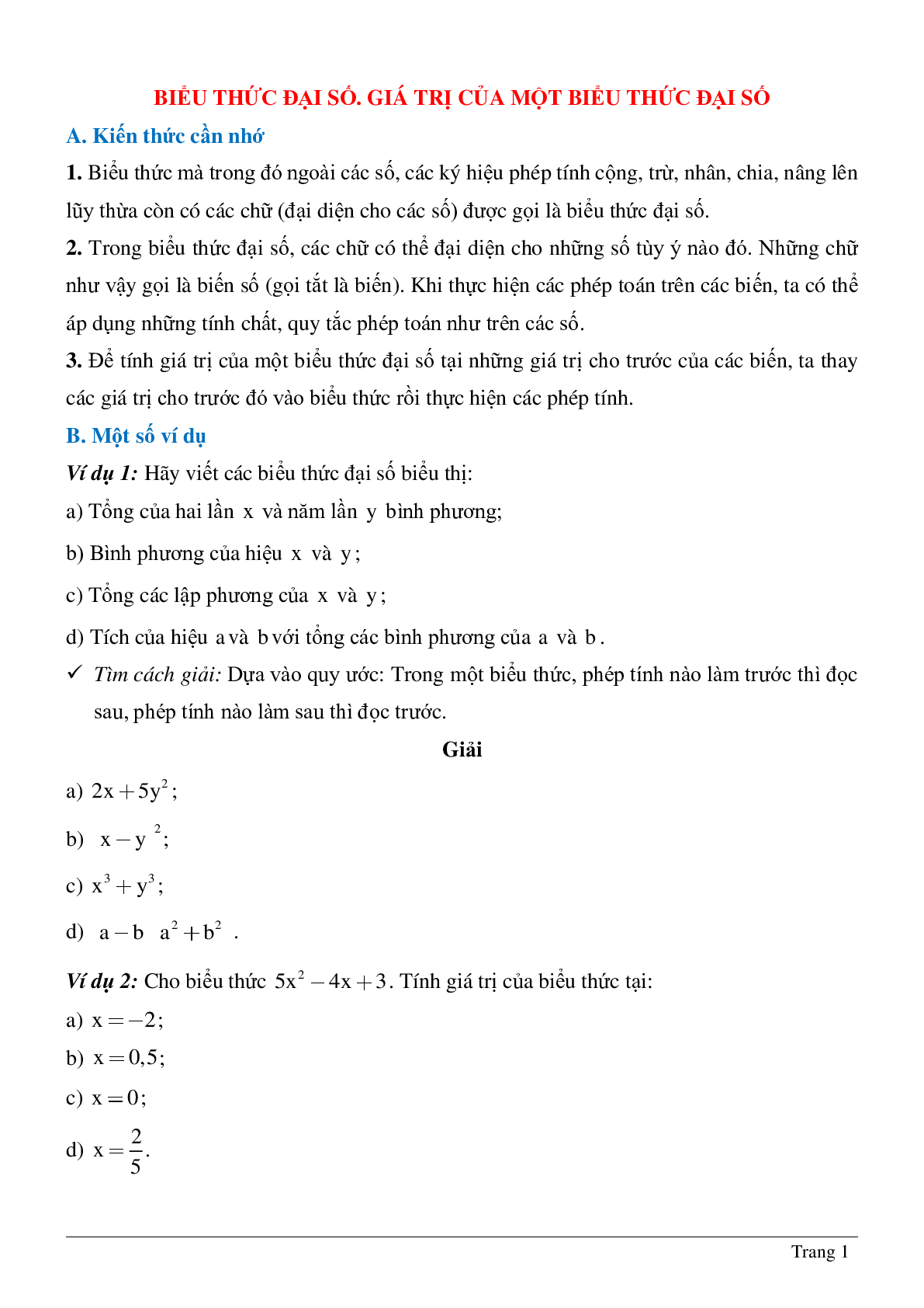Phương pháp giải, bài tập về Biểu thức đại số - Giá trị của một biểu thức đại số chọn lọc (trang 1)