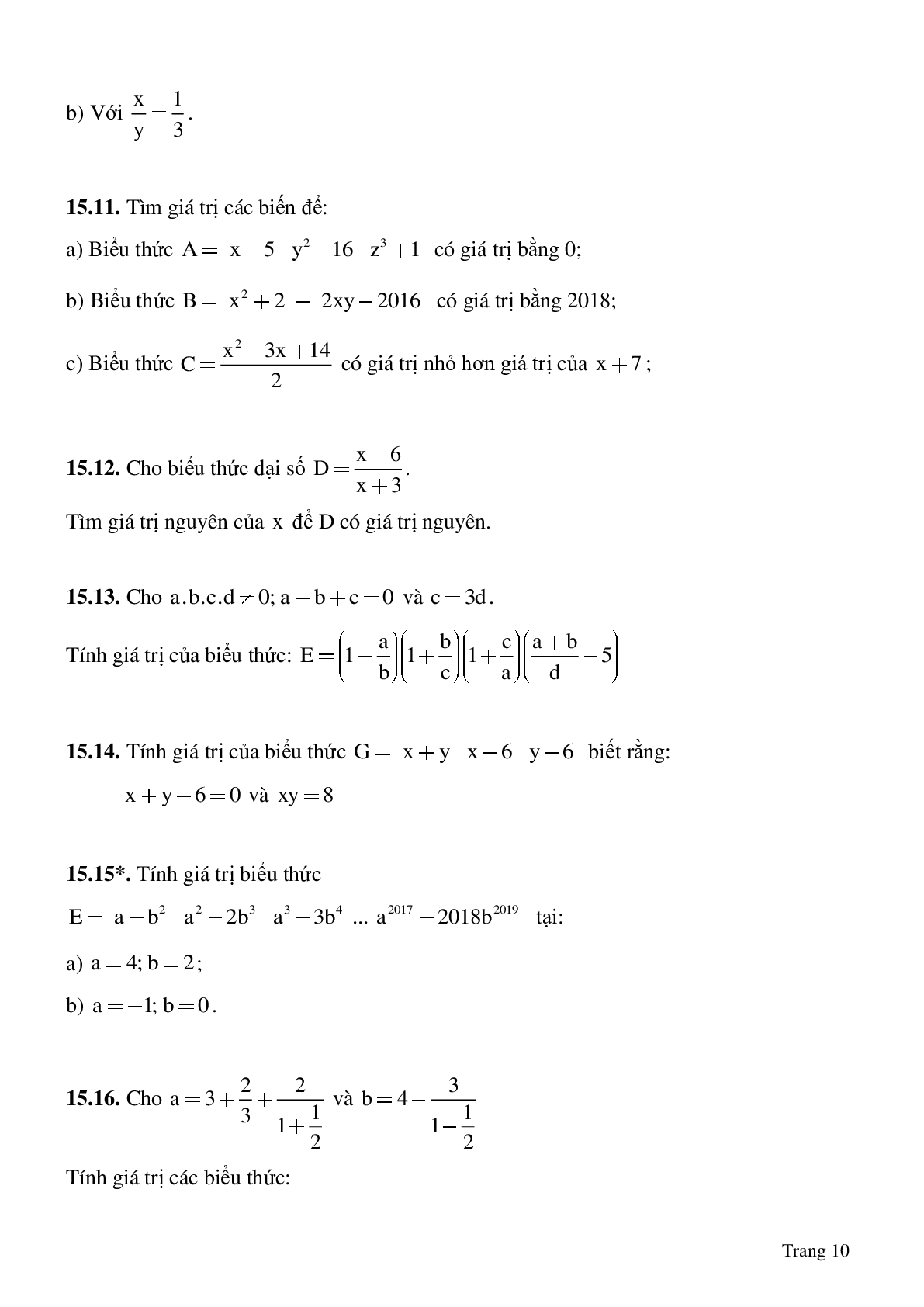 Phương pháp giải, bài tập về Biểu thức đại số - Giá trị của một biểu thức đại số chọn lọc (trang 10)