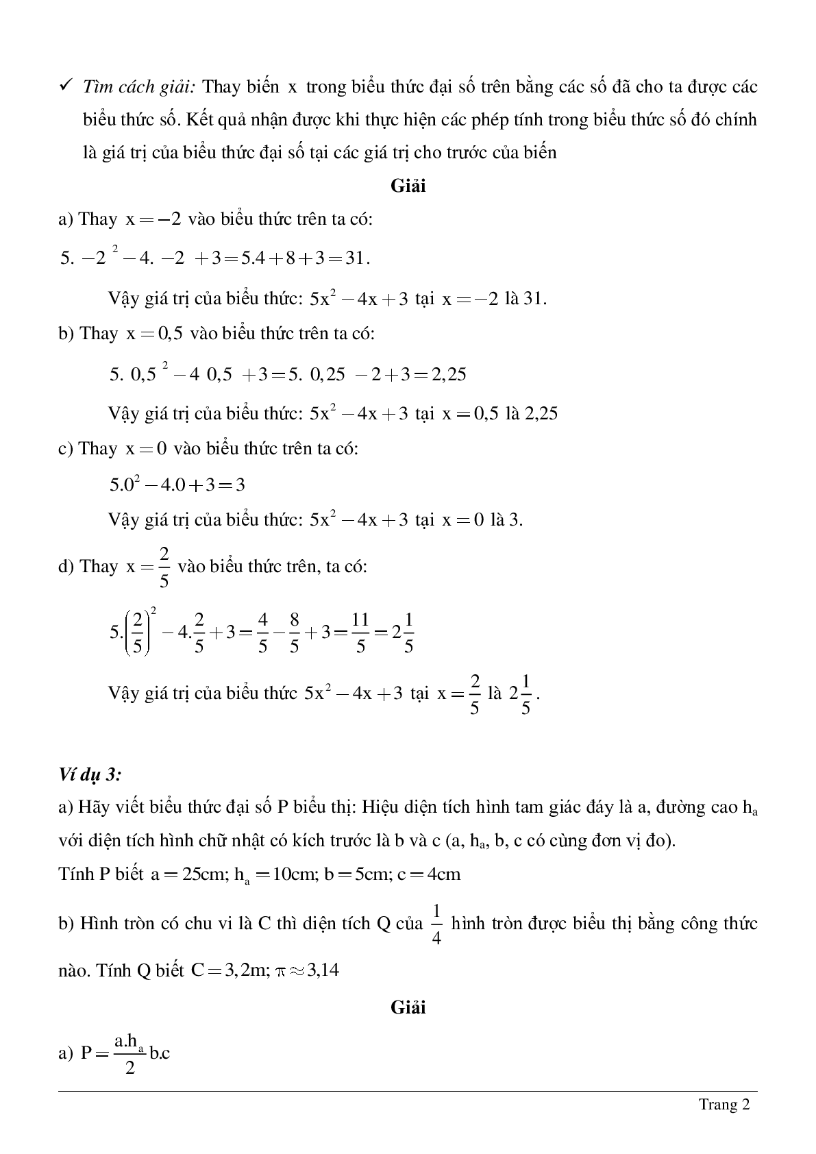 Phương pháp giải, bài tập về Biểu thức đại số - Giá trị của một biểu thức đại số chọn lọc (trang 2)