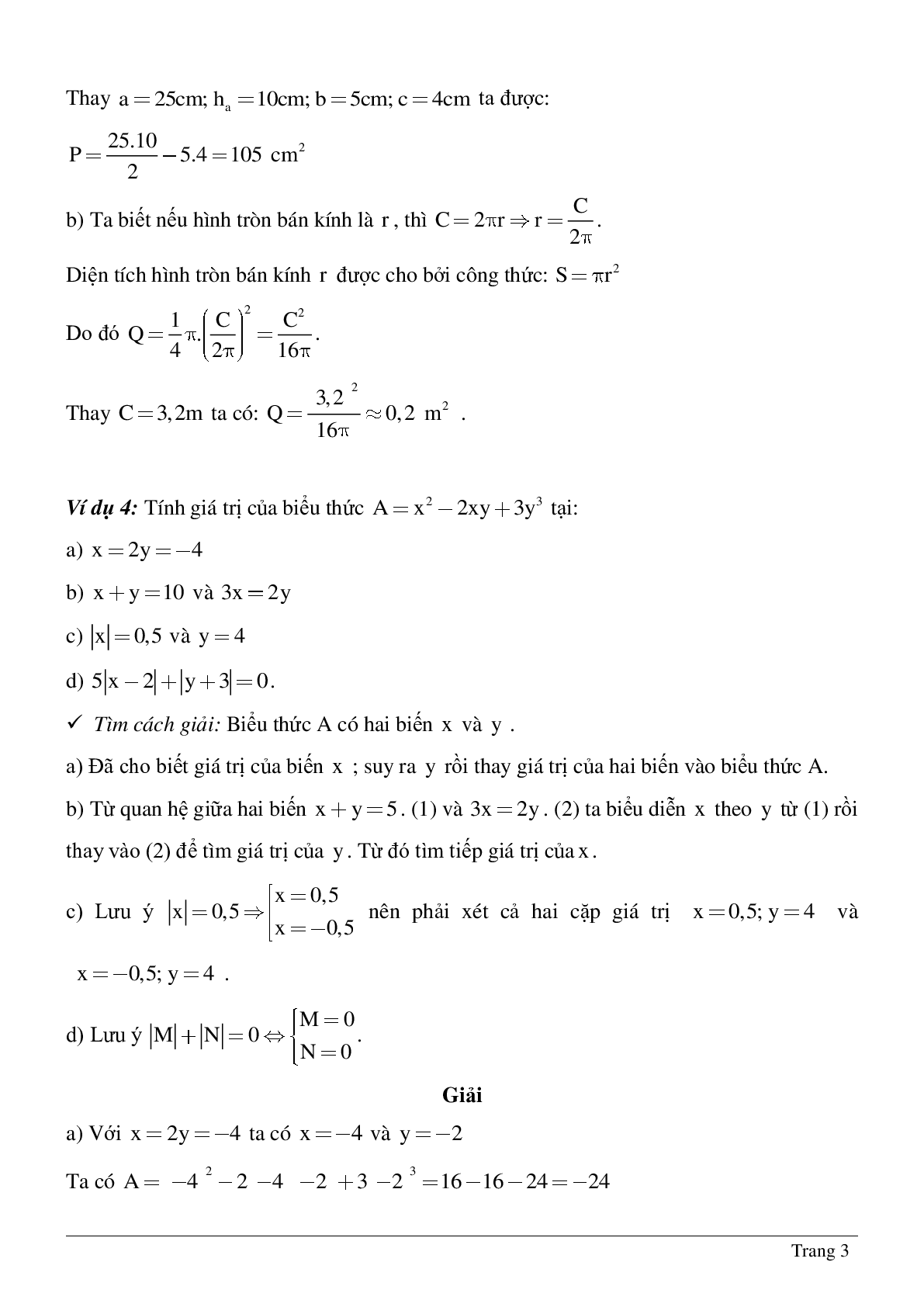 Phương pháp giải, bài tập về Biểu thức đại số - Giá trị của một biểu thức đại số chọn lọc (trang 3)