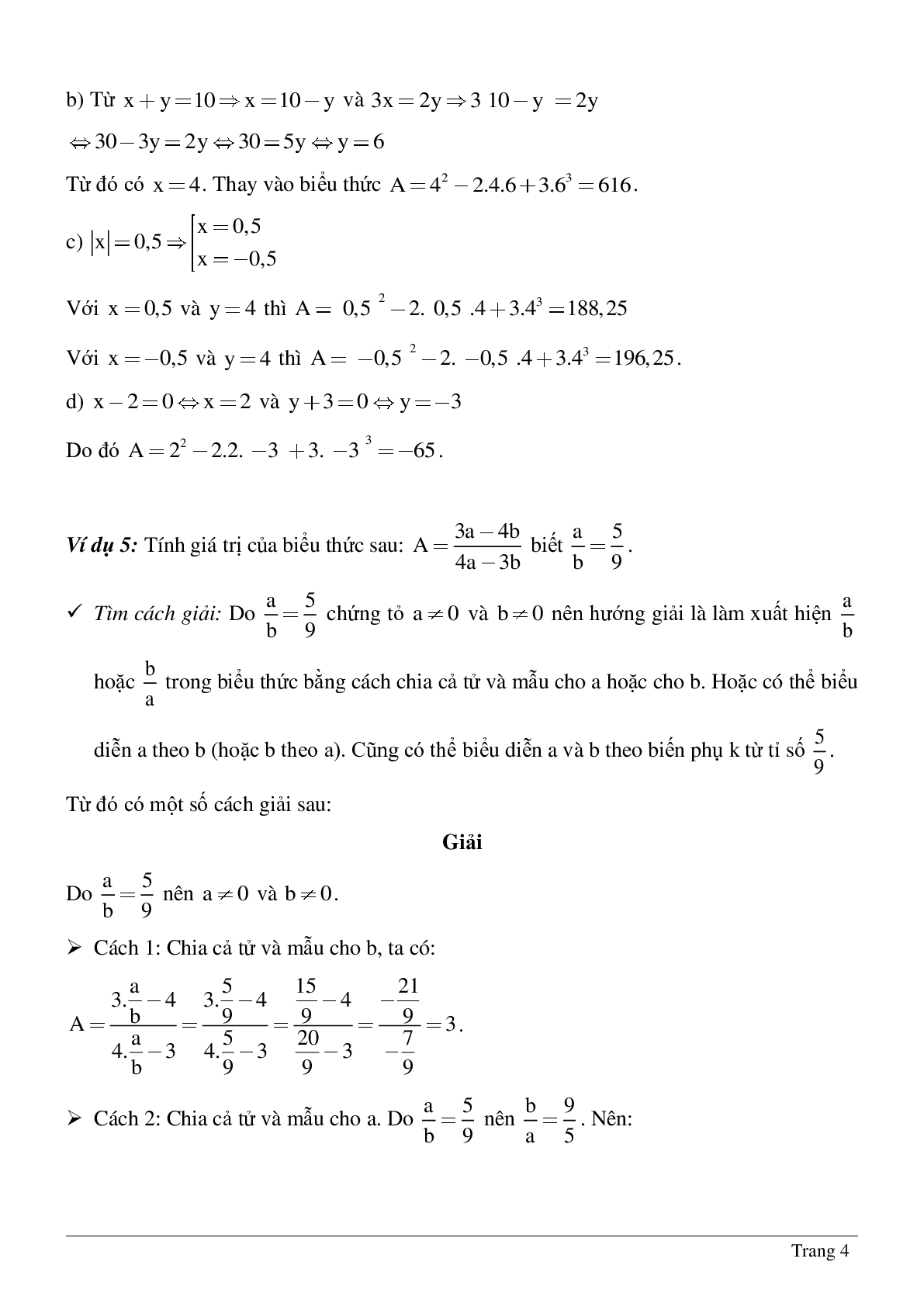 Phương pháp giải, bài tập về Biểu thức đại số - Giá trị của một biểu thức đại số chọn lọc (trang 4)