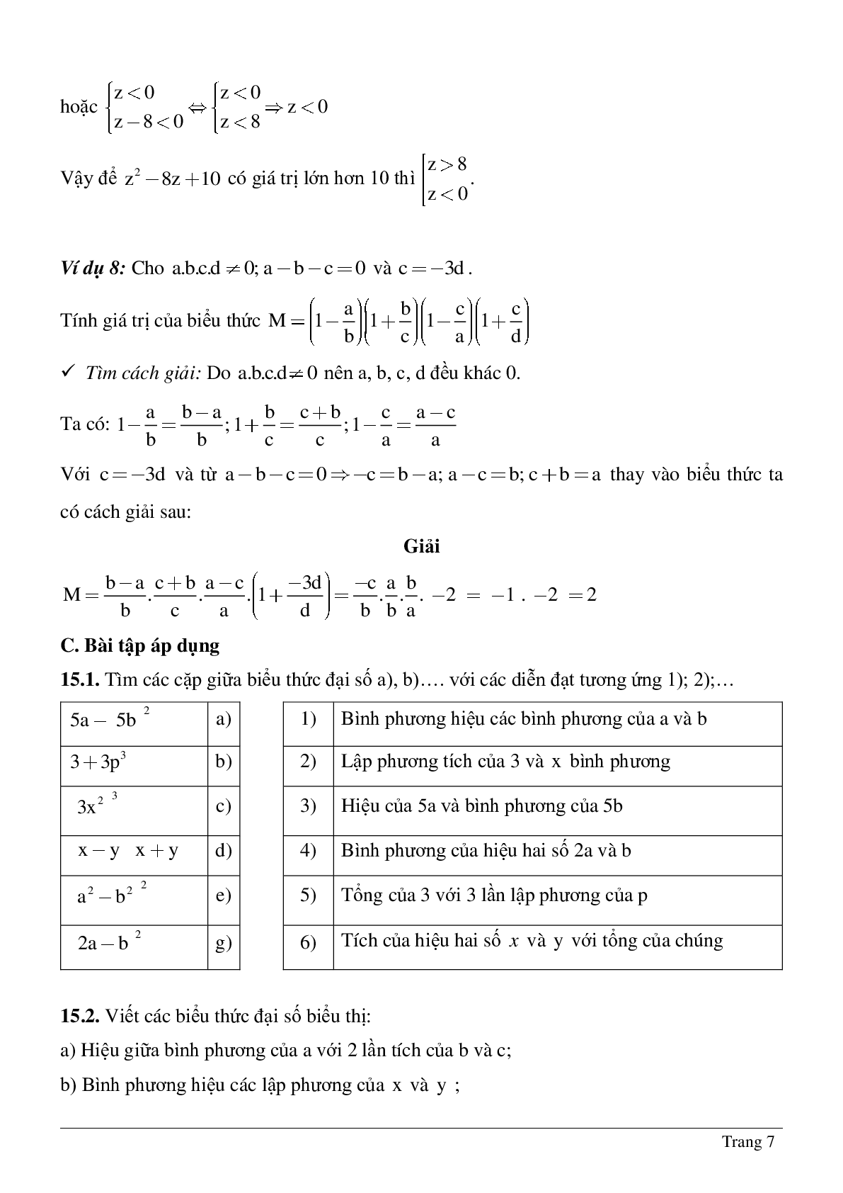 Phương pháp giải, bài tập về Biểu thức đại số - Giá trị của một biểu thức đại số chọn lọc (trang 7)