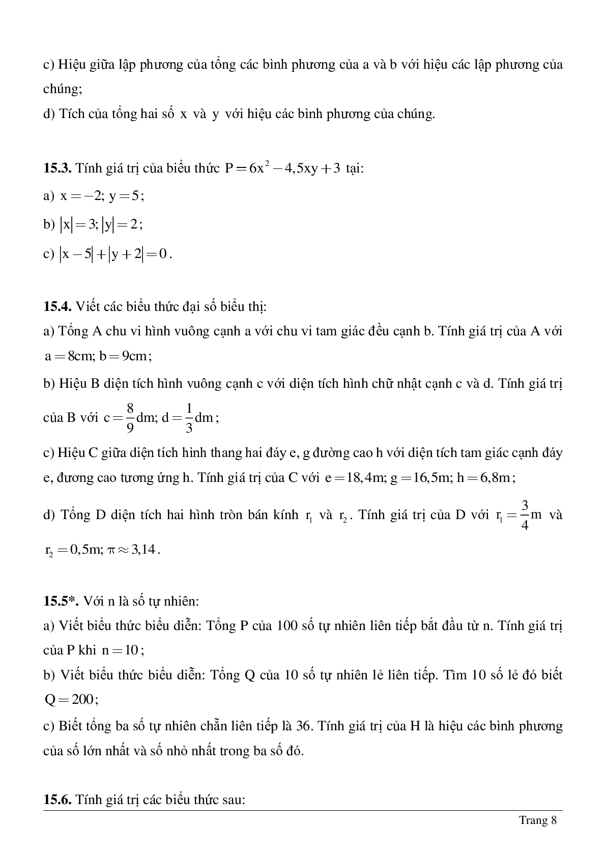 Phương pháp giải, bài tập về Biểu thức đại số - Giá trị của một biểu thức đại số chọn lọc (trang 8)