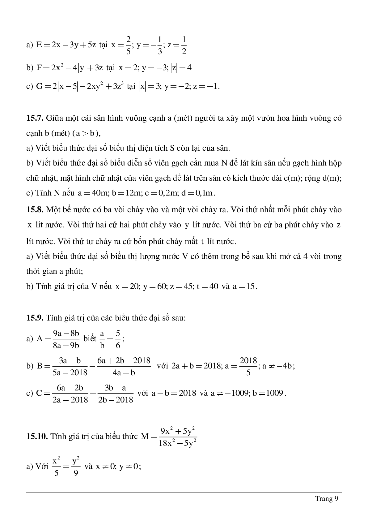 Phương pháp giải, bài tập về Biểu thức đại số - Giá trị của một biểu thức đại số chọn lọc (trang 9)
