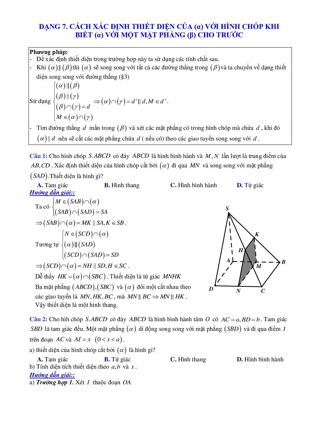 Phương pháp giải và bài tập về Cách xác định thiết diện của (α) với hình chóp khi biết (α) với một mặt phẳng (β) cho trước (trang 1)