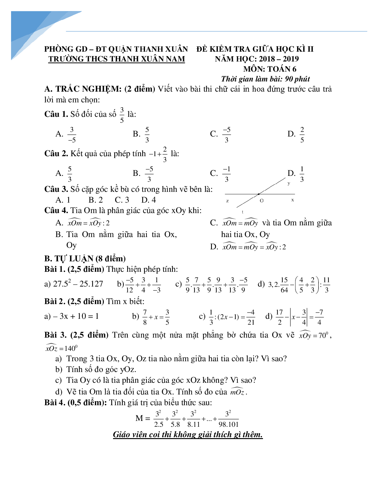 Bộ đề thi giữa kì 2 môn toán lớp 6 các trường Hà Nội (trang 1)