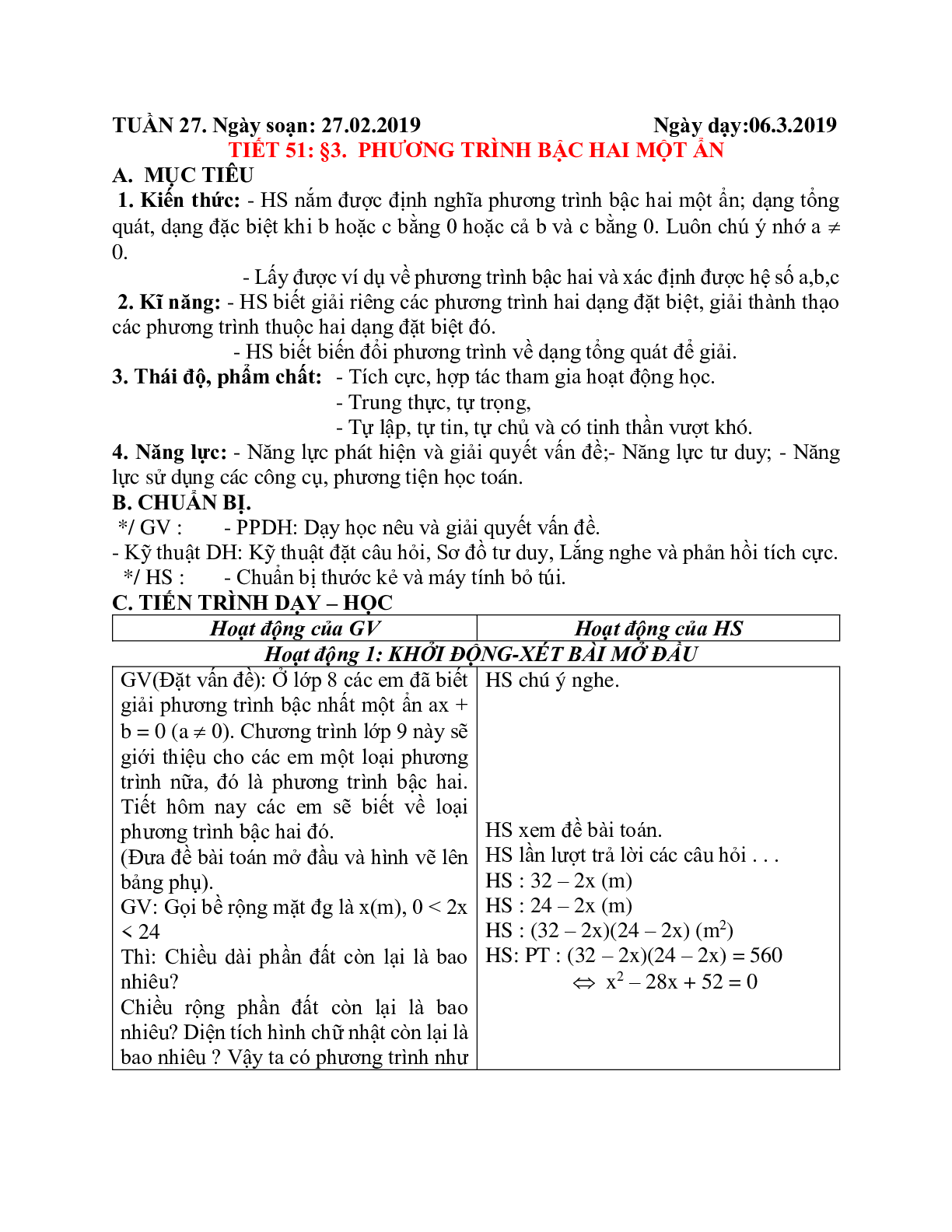 Giáo án Phương trình bậc hai một ẩn (2023) mới nhất - Toán 9 (trang 1)