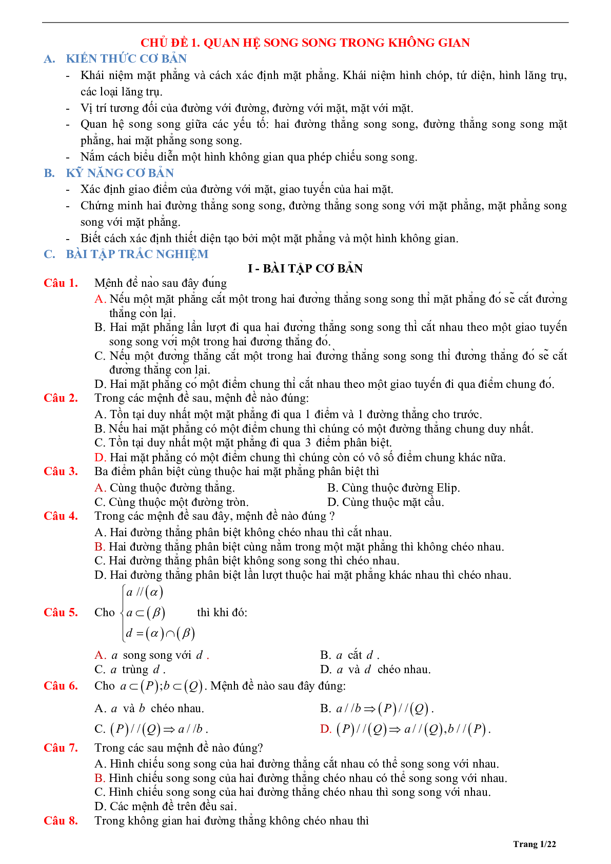Phương pháp giải về Quan hệ song song trong không gian 2023 (lý thuyết và bài tập) (trang 1)