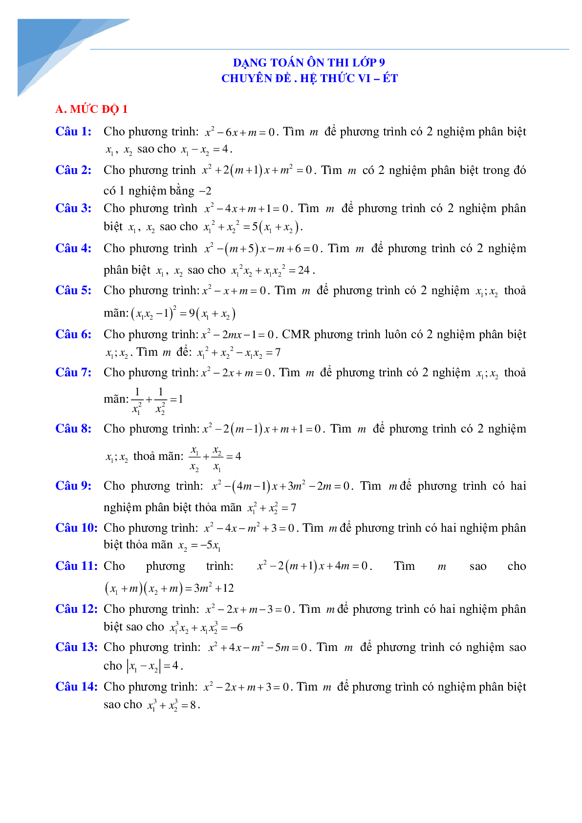 Chuyên đề vi-et luyện thi vào lớp 10 môn toán (trang 1)