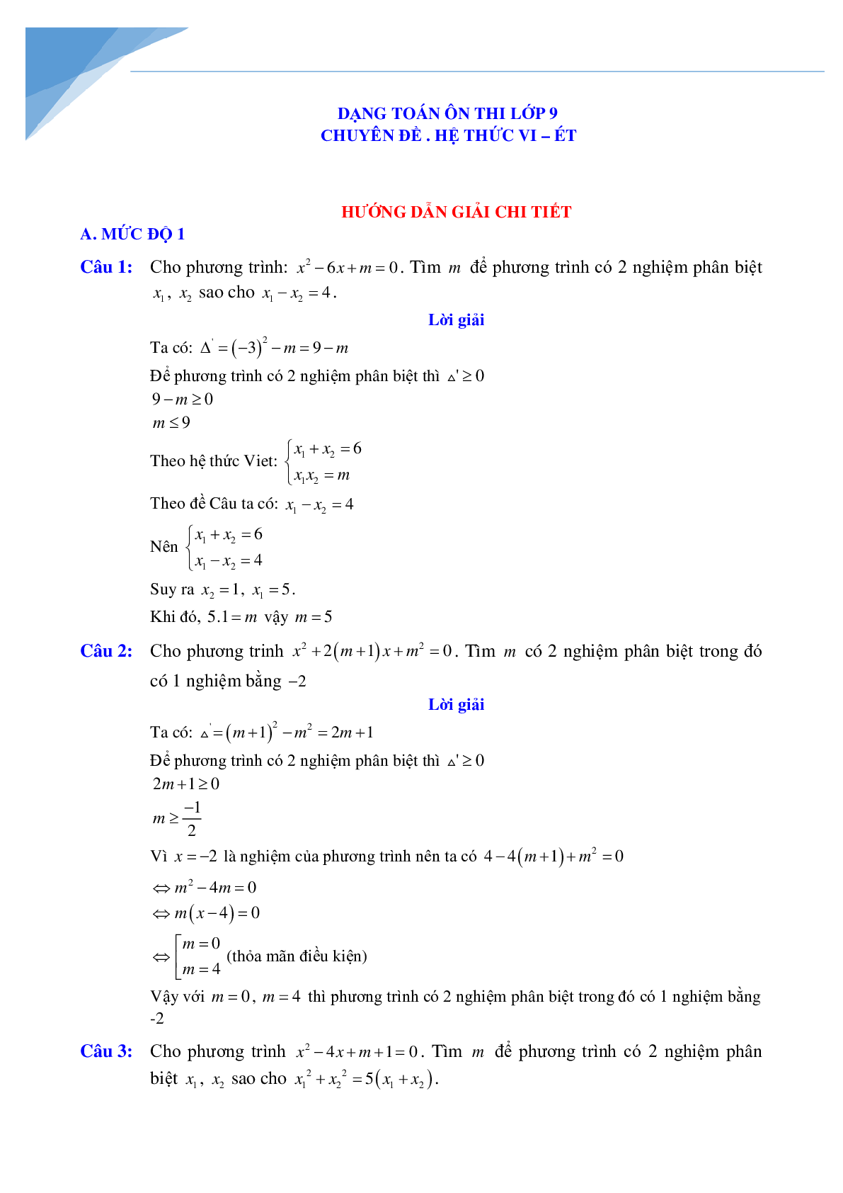 Chuyên đề vi-et luyện thi vào lớp 10 môn toán (trang 4)