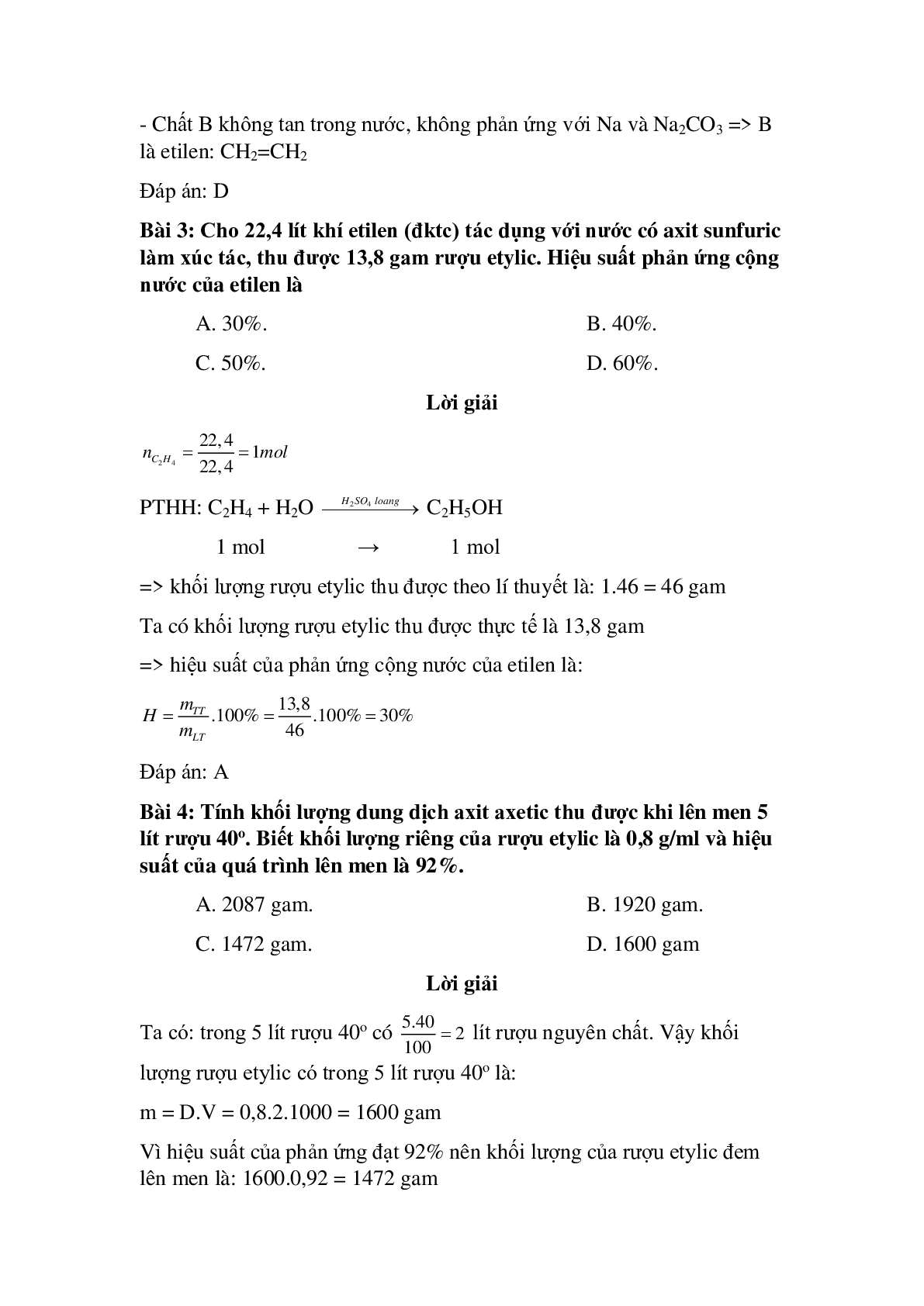 30 câu Trắc nghiệm Mối liên hệ giữa etilen, rượu etylic và axit axetic có đáp án 2023 – Hóa học lớp 9 (trang 2)