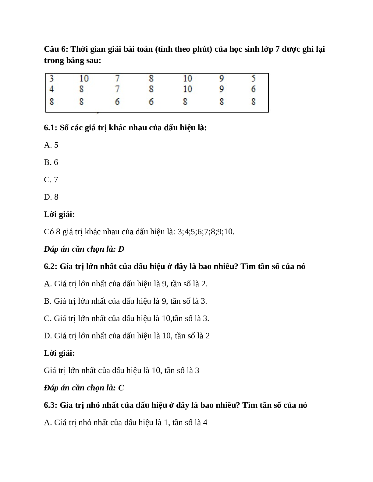 Trắc nghiệm Bảng tần số các giá trị của dấu hiệu có đáp án – Toán lớp 7 (trang 10)