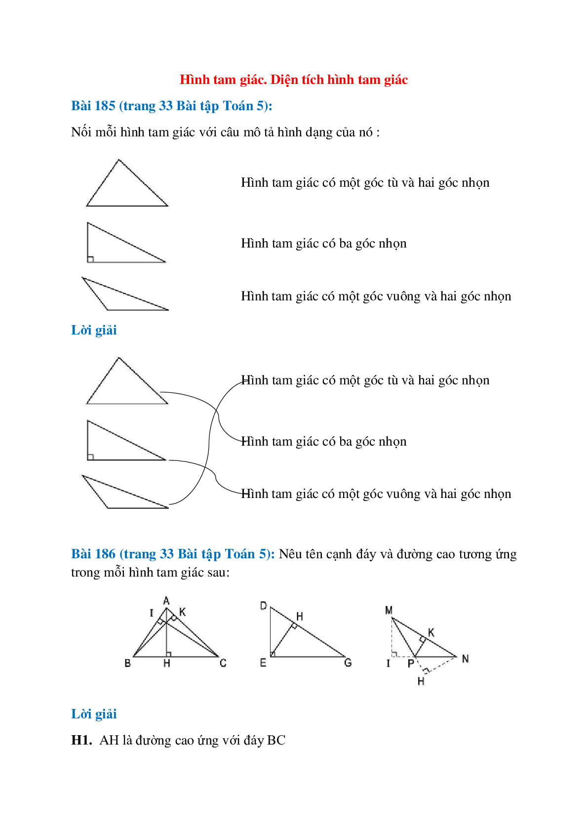 SBT Toán lớp 5 trang 33, 34, 35, 36 Hình tam giác. Diện tích hình tam giác (trang 1)