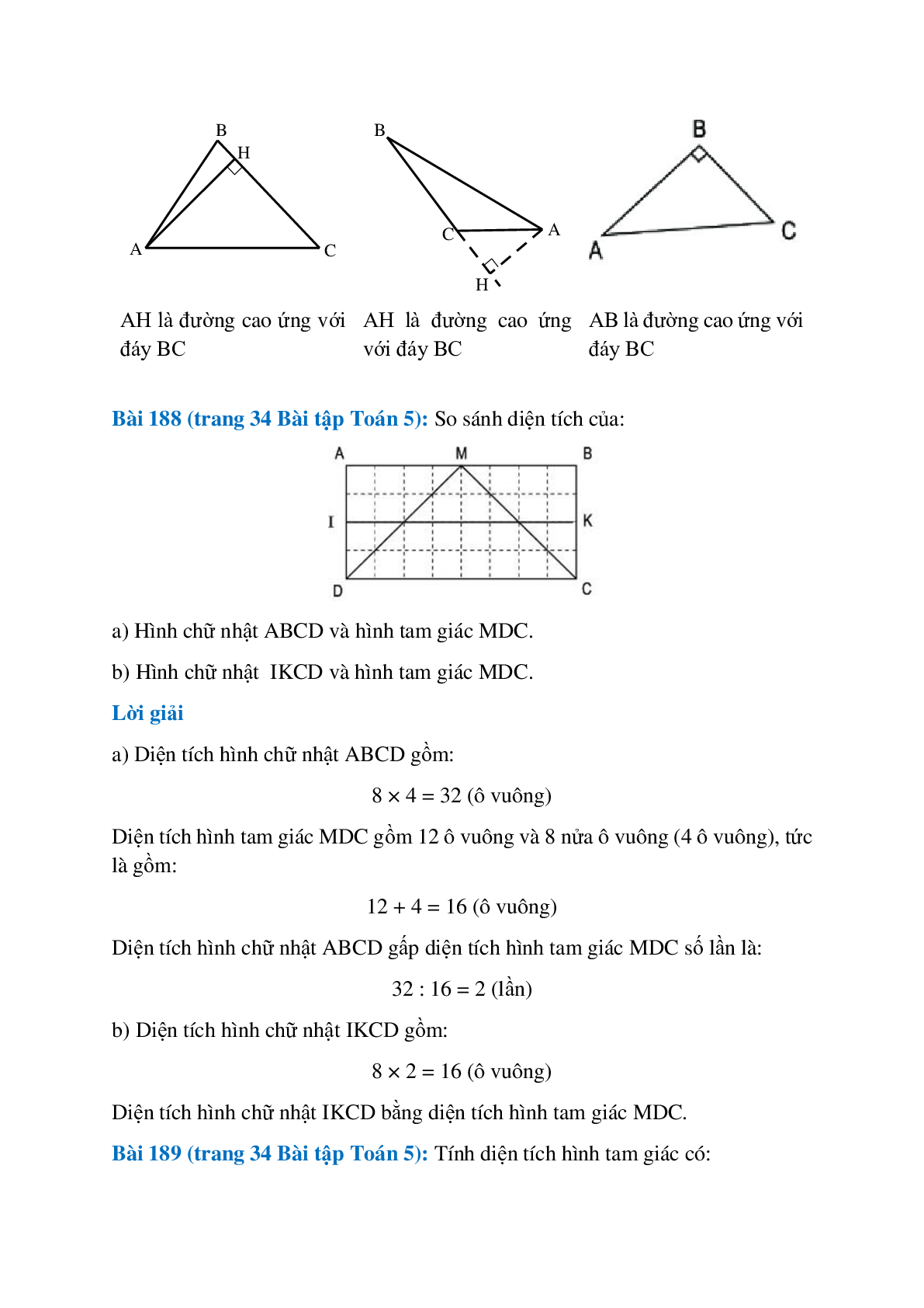 SBT Toán lớp 5 trang 33, 34, 35, 36 Hình tam giác. Diện tích hình tam giác (trang 3)