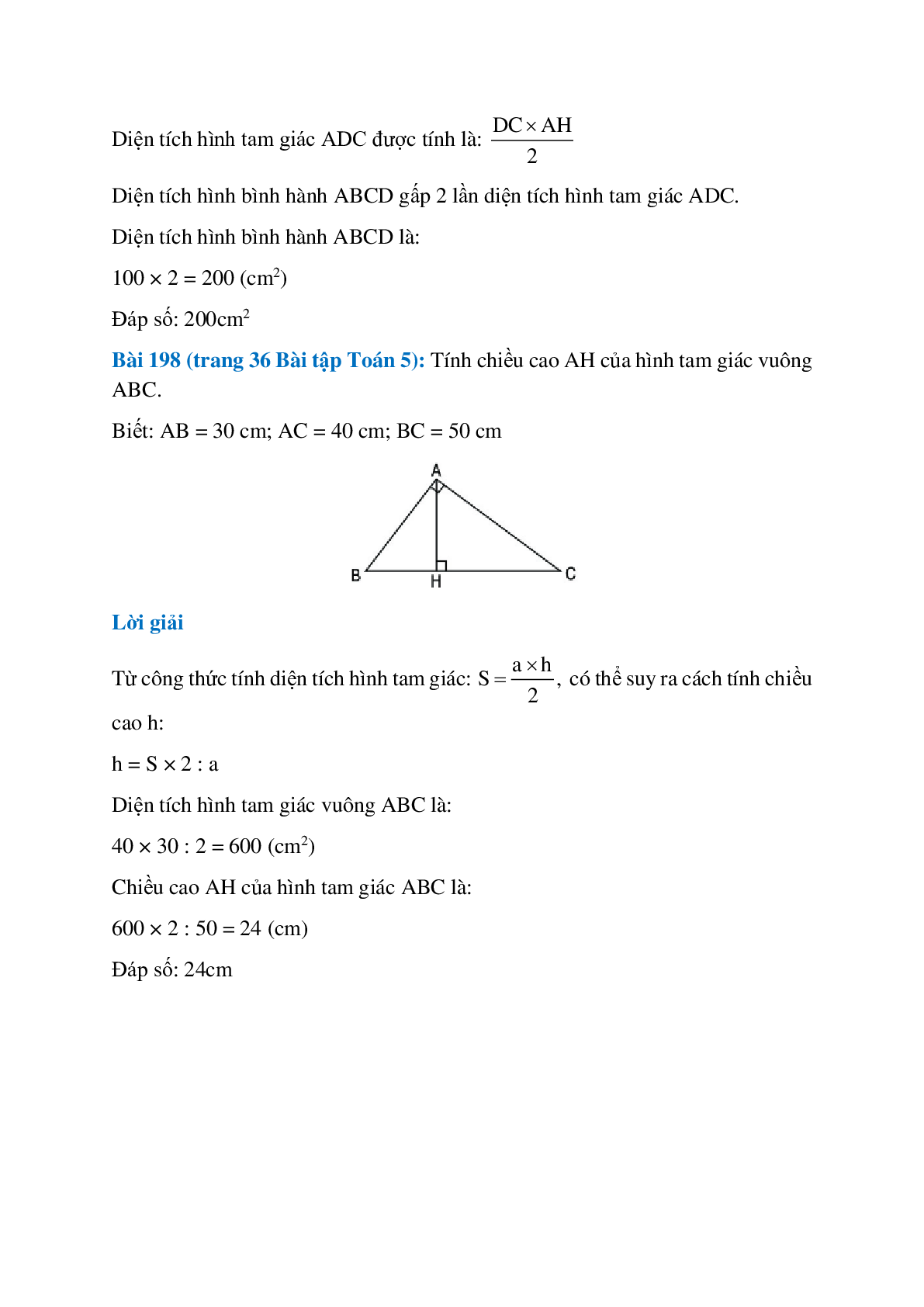 SBT Toán lớp 5 trang 33, 34, 35, 36 Hình tam giác. Diện tích hình tam giác (trang 8)