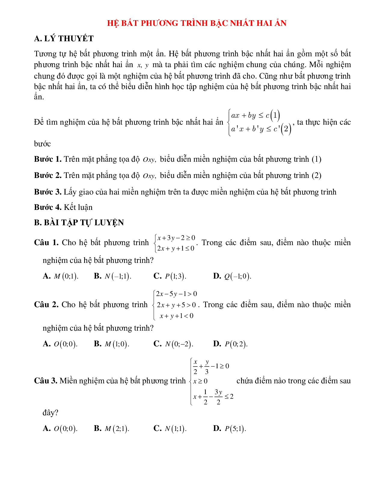 Bài tập hệ bất phương trình bậc nhất hai ẩn Toán 10 (trang 1)
