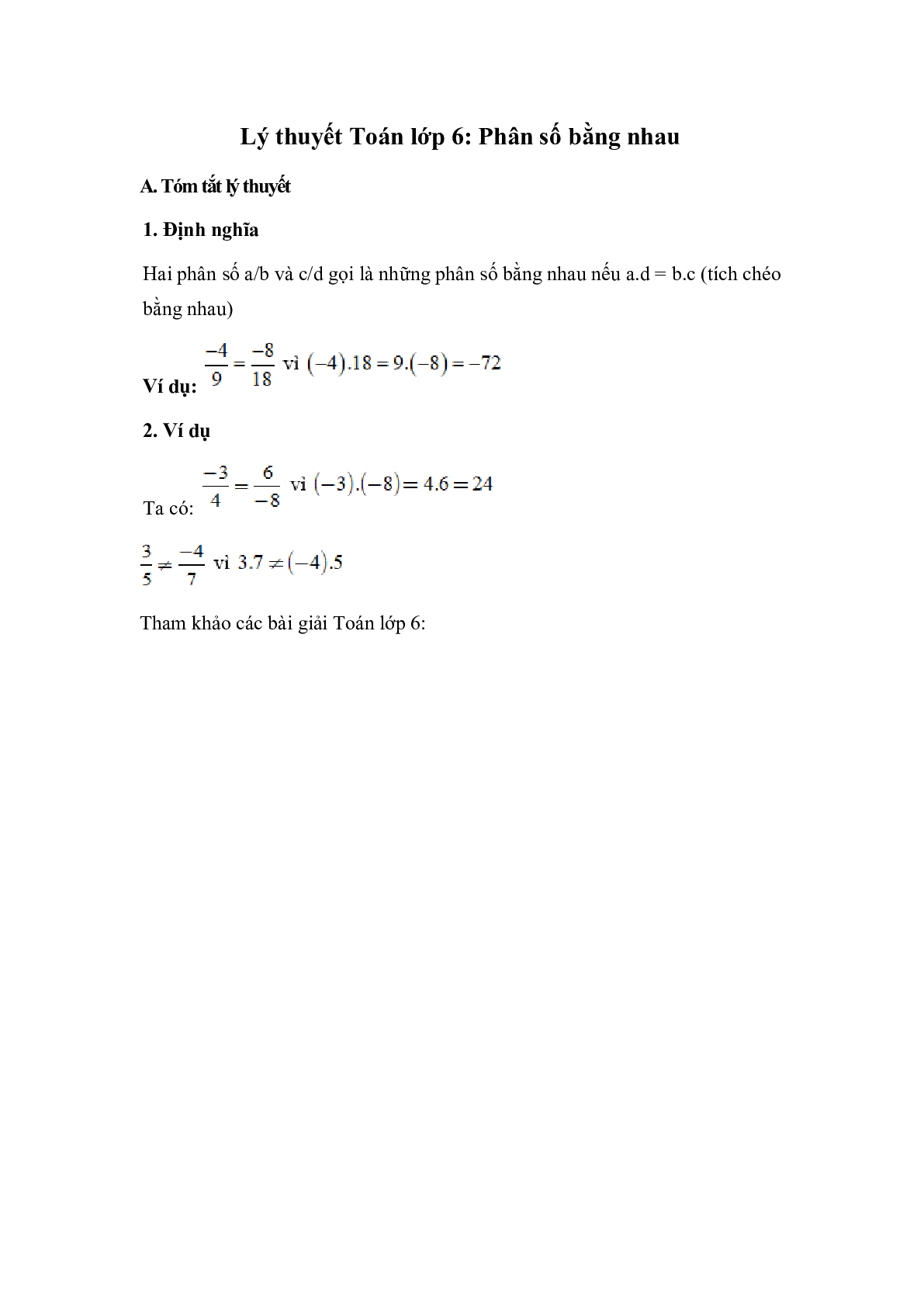 Lý thuyết Toán lớp 6: Phân số bằng nhau (trang 1)