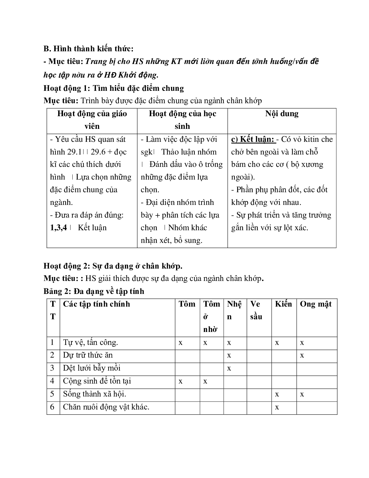 Giáo án Sinh học 7 Bài 29: Đặc điểm chung và vai trò của ngành Chân khớp mới nhất (trang 2)