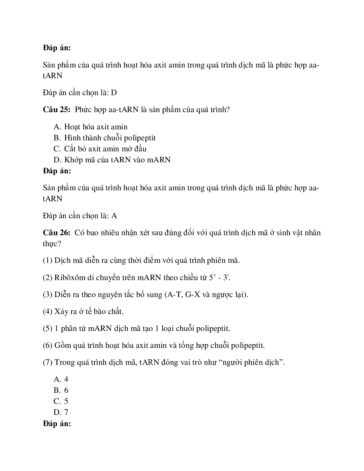 200 câu Trắc nghiệm Sinh học 12 Bài 2 có đáp án 2023: Phiên mã và dịch mã (trang 9)