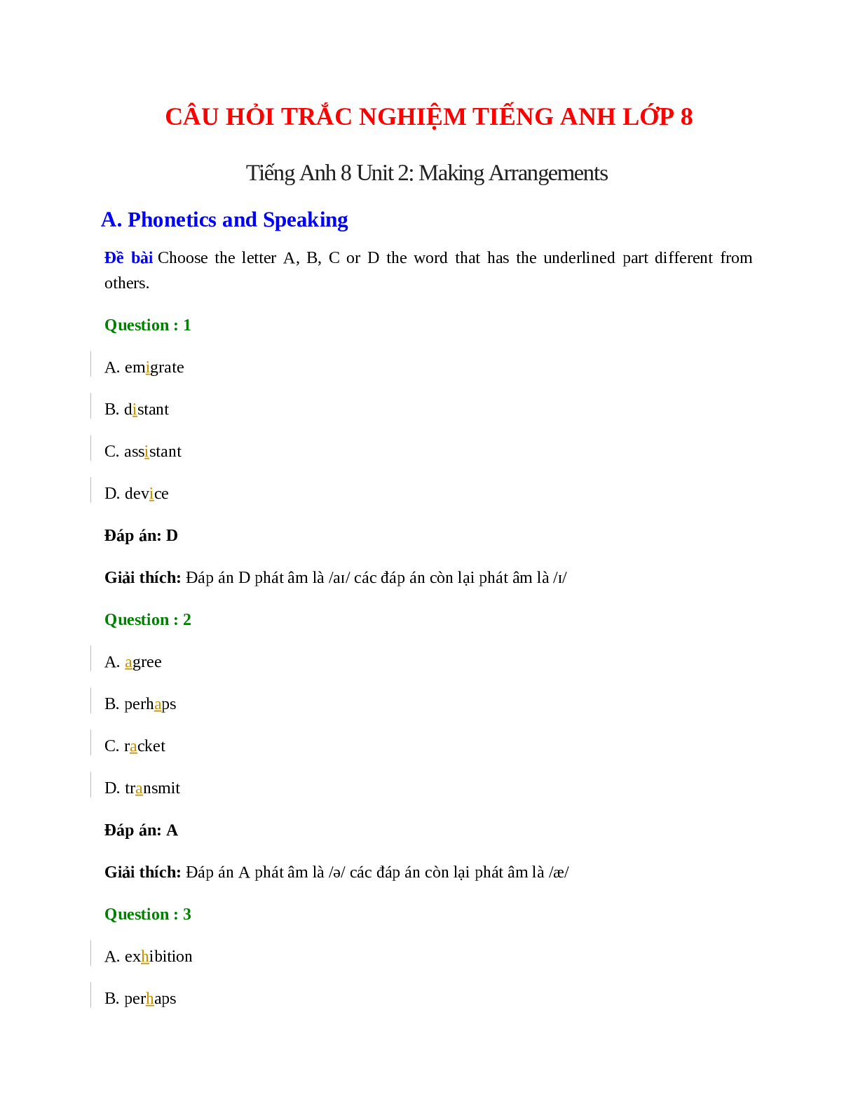 60 câu Trắc nghiệm Tiếng Anh 8 Unit 2 có đáp án 2023: Making Arrangements (trang 1)