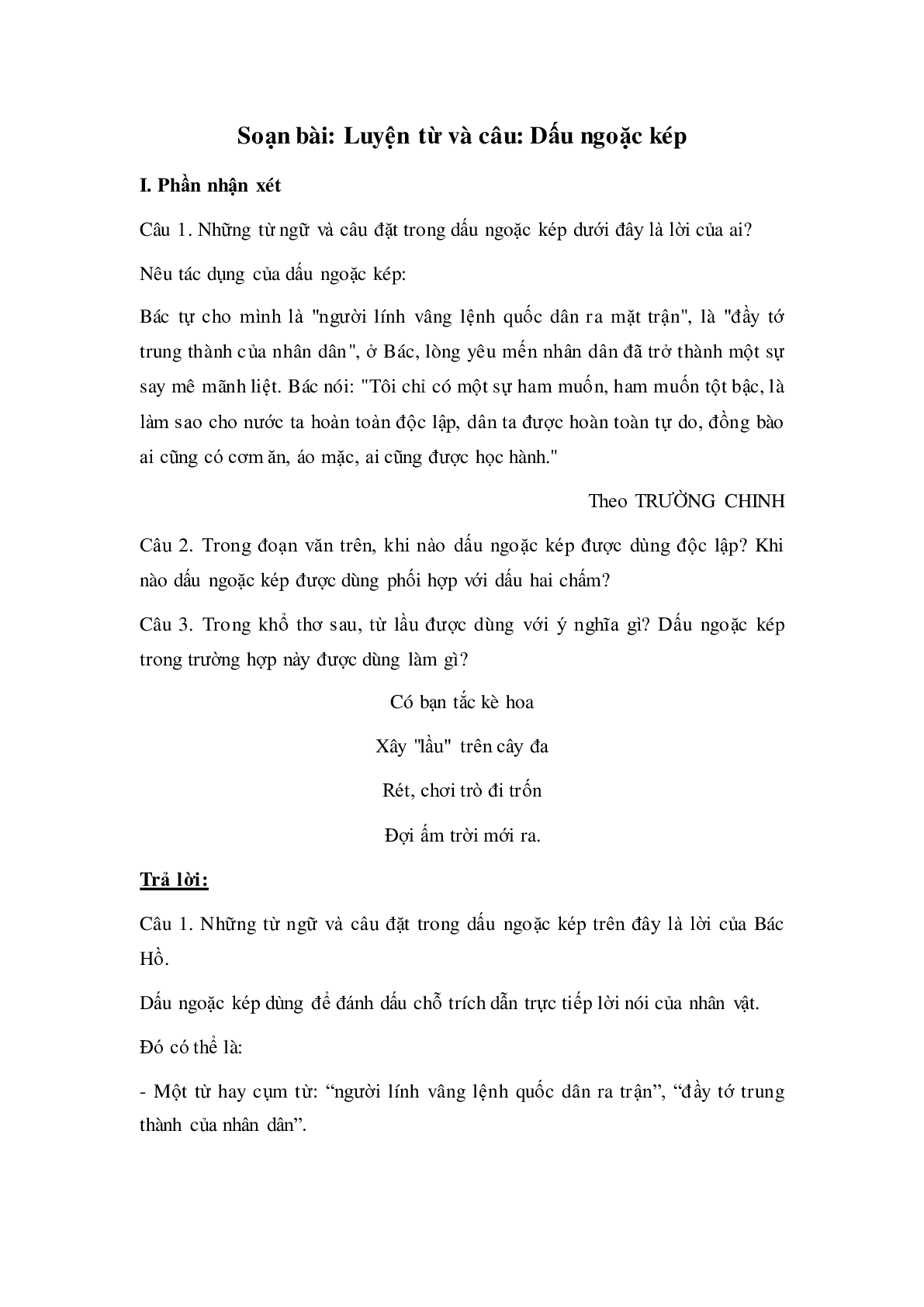 Soạn Tiếng Việt lớp 4: Luyện từ và câu: Dấu ngoặc kép mới nhất (trang 1)