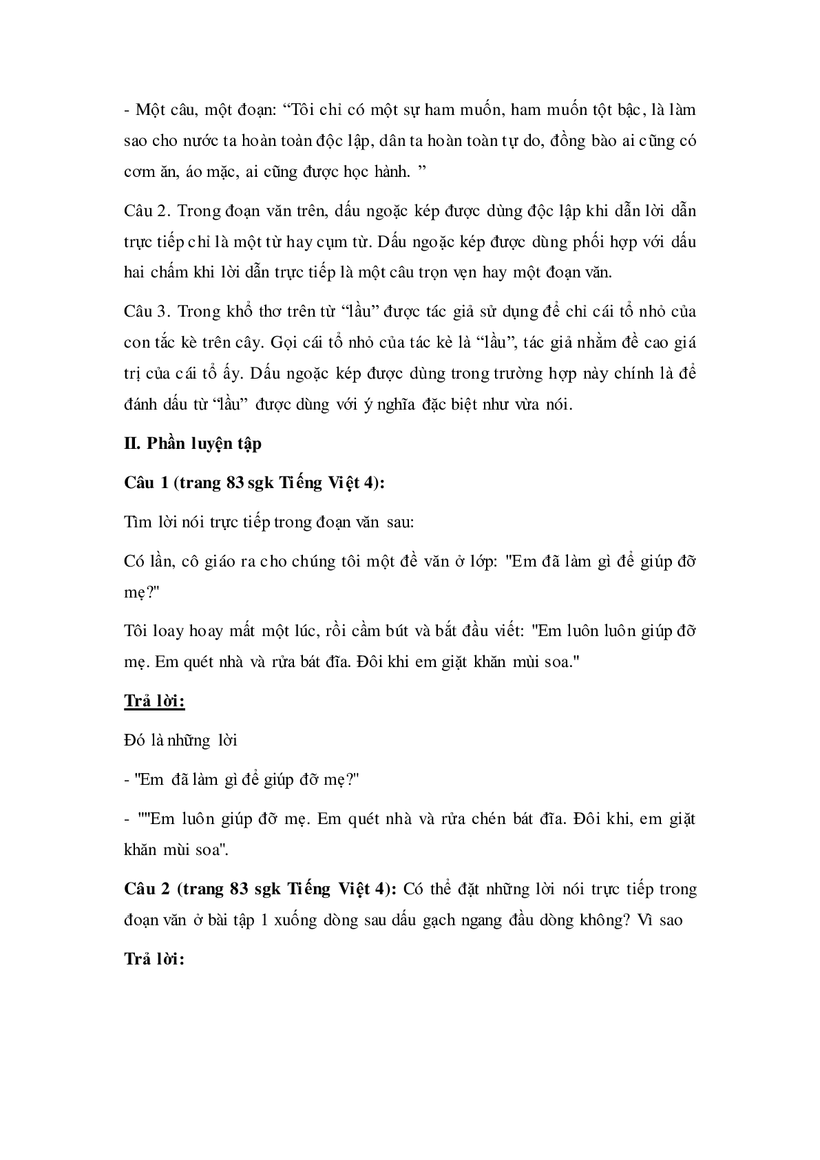 Soạn Tiếng Việt lớp 4: Luyện từ và câu: Dấu ngoặc kép mới nhất (trang 2)