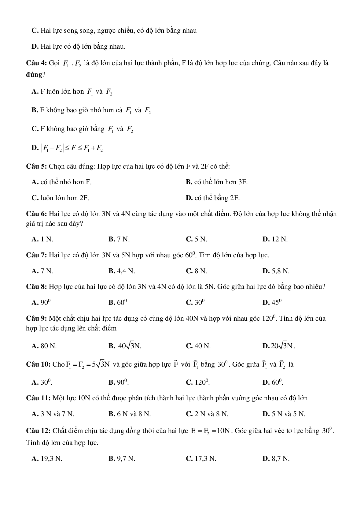 Các dạng bài tập Tổng hợp và phân tích lực, điều kiện cân bằng của chất điểm môn Vật lý lớp 10 (trang 7)