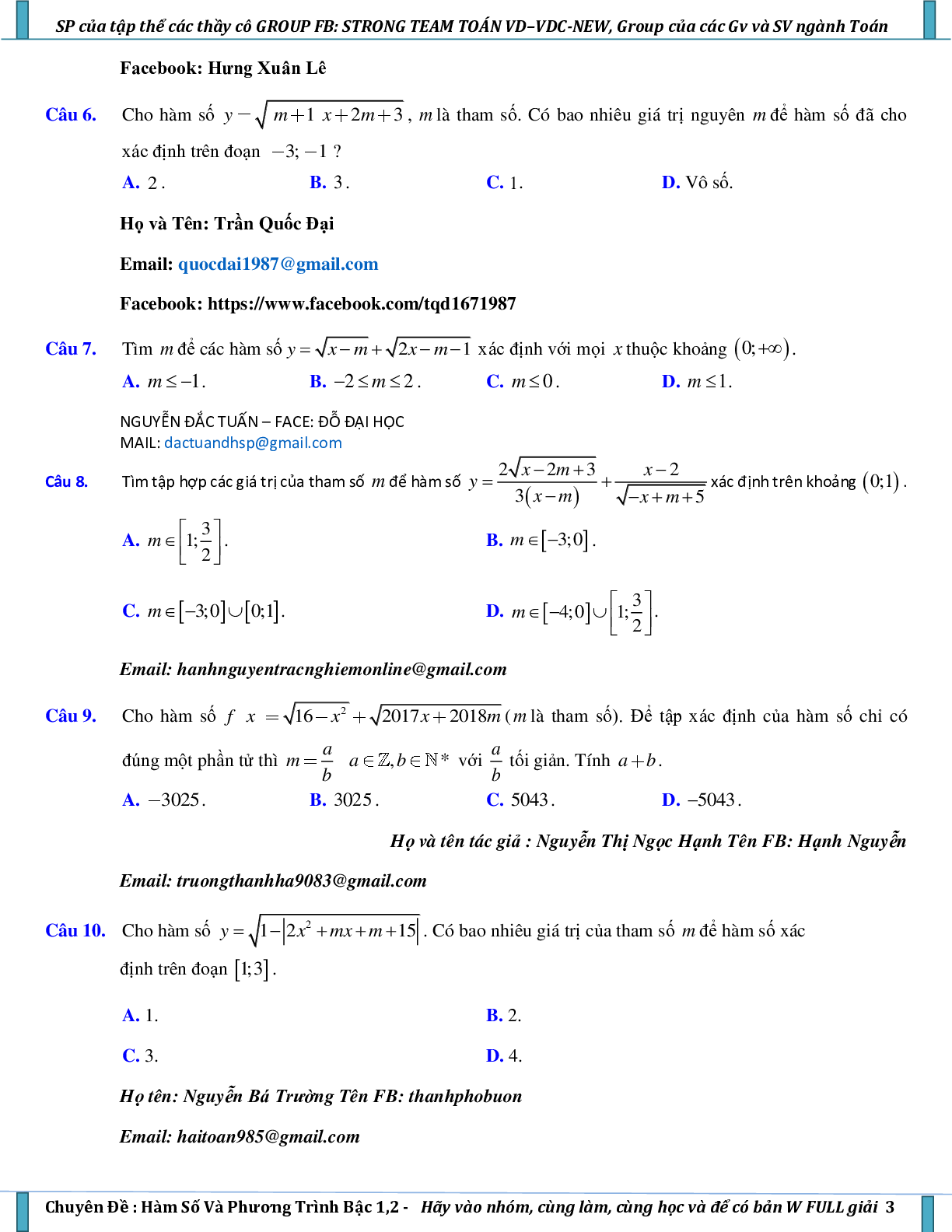 Vận dụng – vận dụng cao hàm số và phương trình bậc nhất, bậc hai (trang 3)