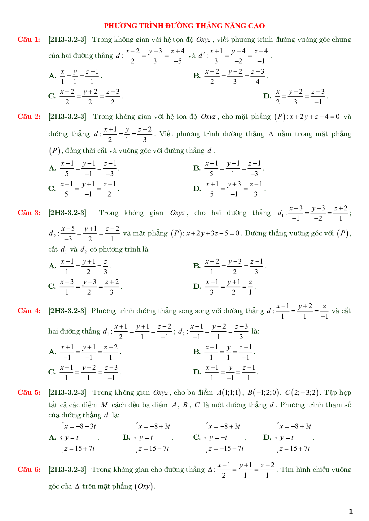 86 câu trắc nghiệm về phương trình đường thẳng nâng cao - có đáp án chi tiết (trang 1)