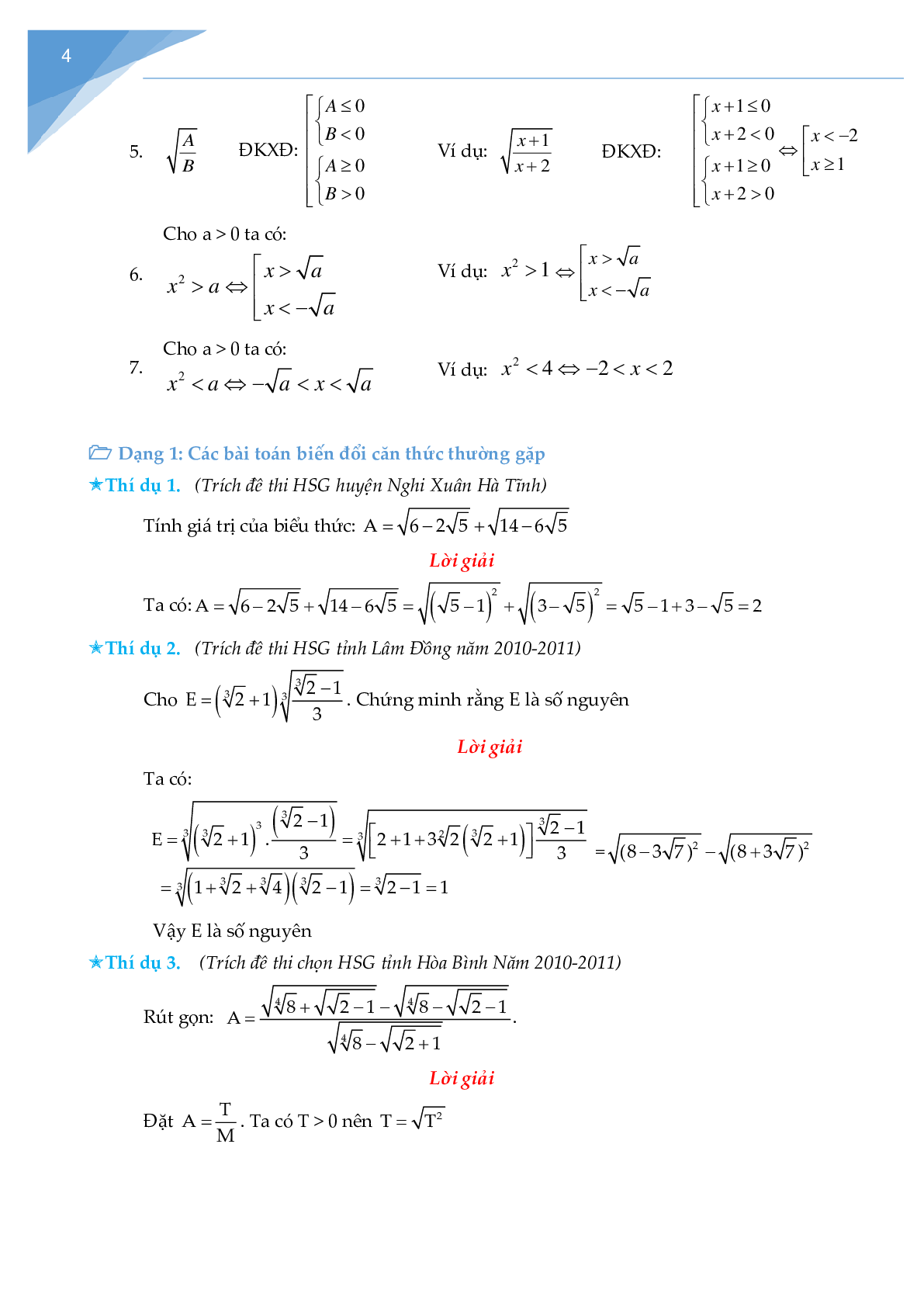 Rút gọn biểu thức chứa căn và bài toán liên quan (trang 4)