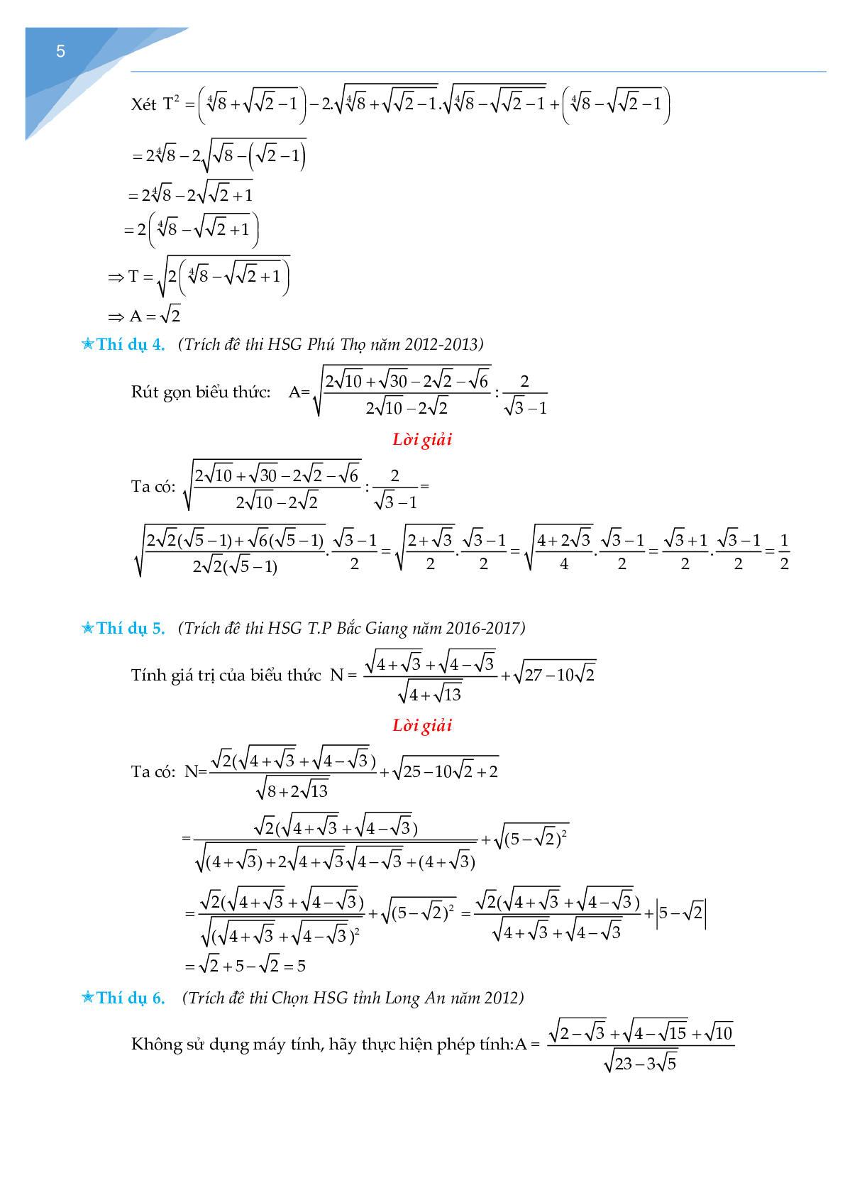 Rút gọn biểu thức chứa căn và bài toán liên quan (trang 5)