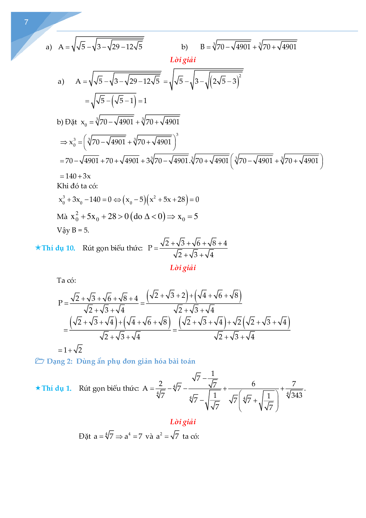 Rút gọn biểu thức chứa căn và bài toán liên quan (trang 7)