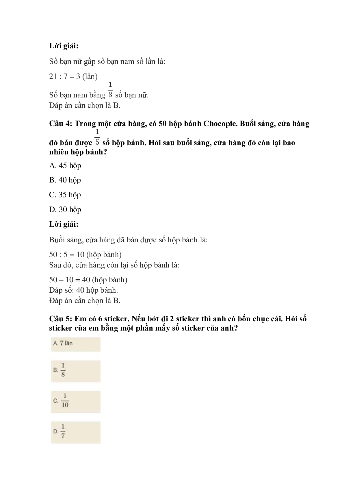 Trắc nghiệm So sánh số bé bằng một phần mấy số lớn có đáp án – Toán lớp 3 (trang 3)