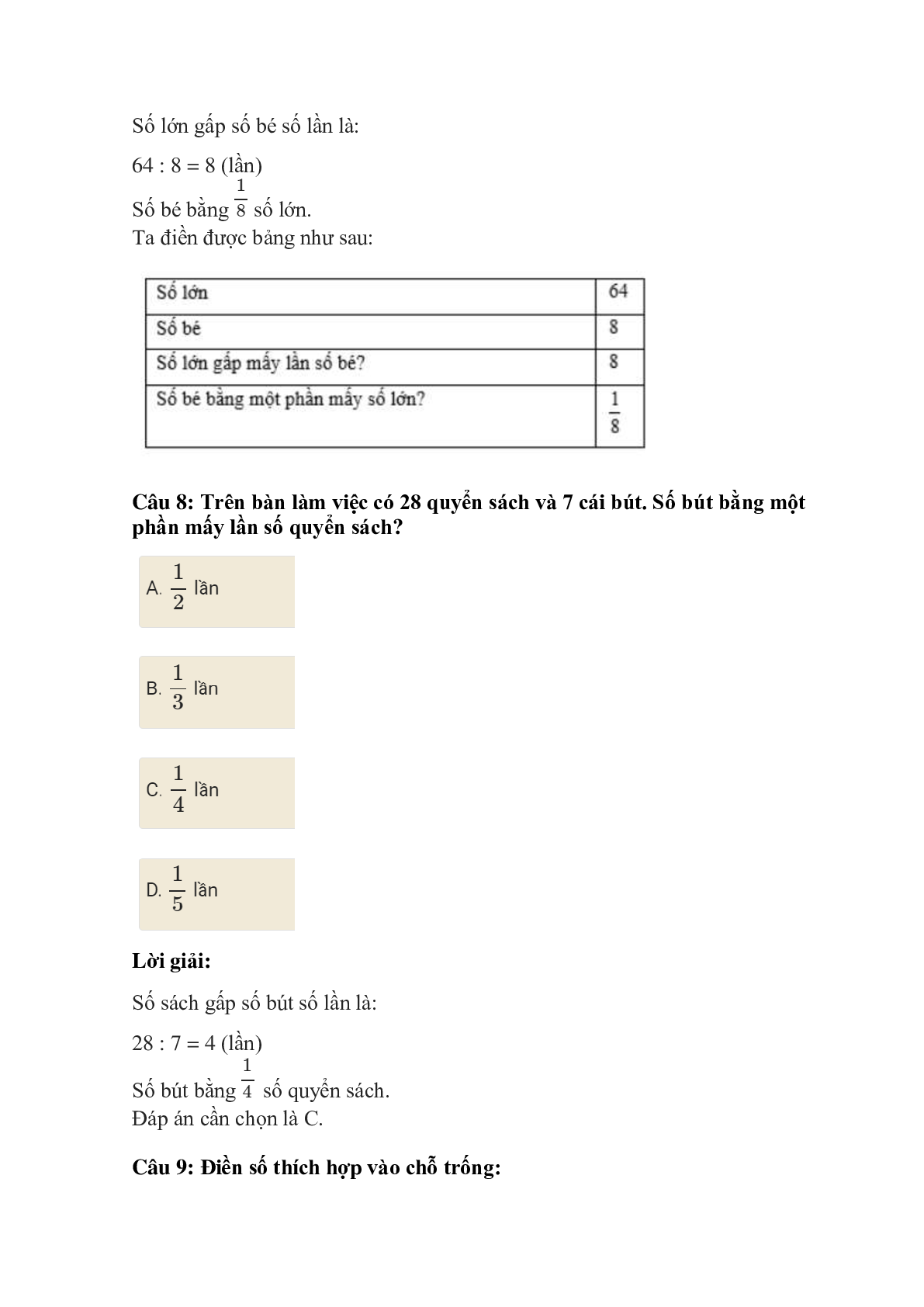 Trắc nghiệm So sánh số bé bằng một phần mấy số lớn có đáp án – Toán lớp 3 (trang 5)