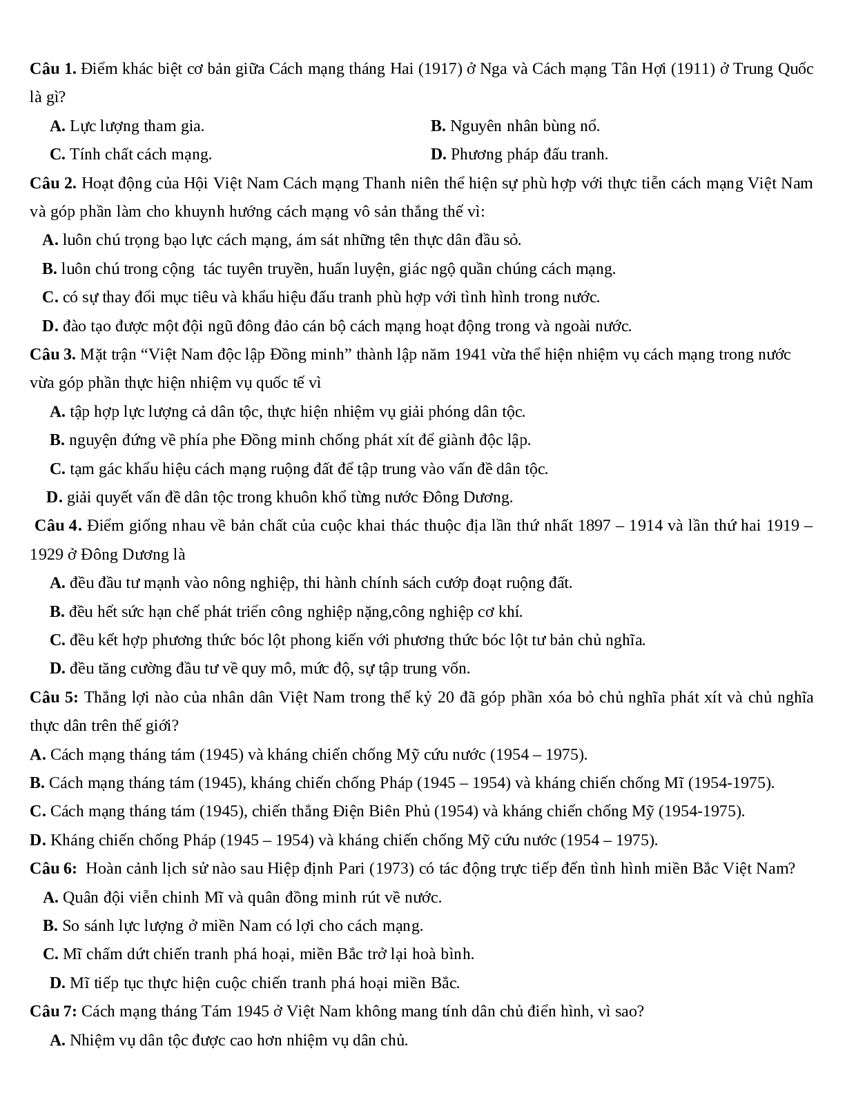 70 câu trắc nghiệm Lịch sử 12 (trang 1)