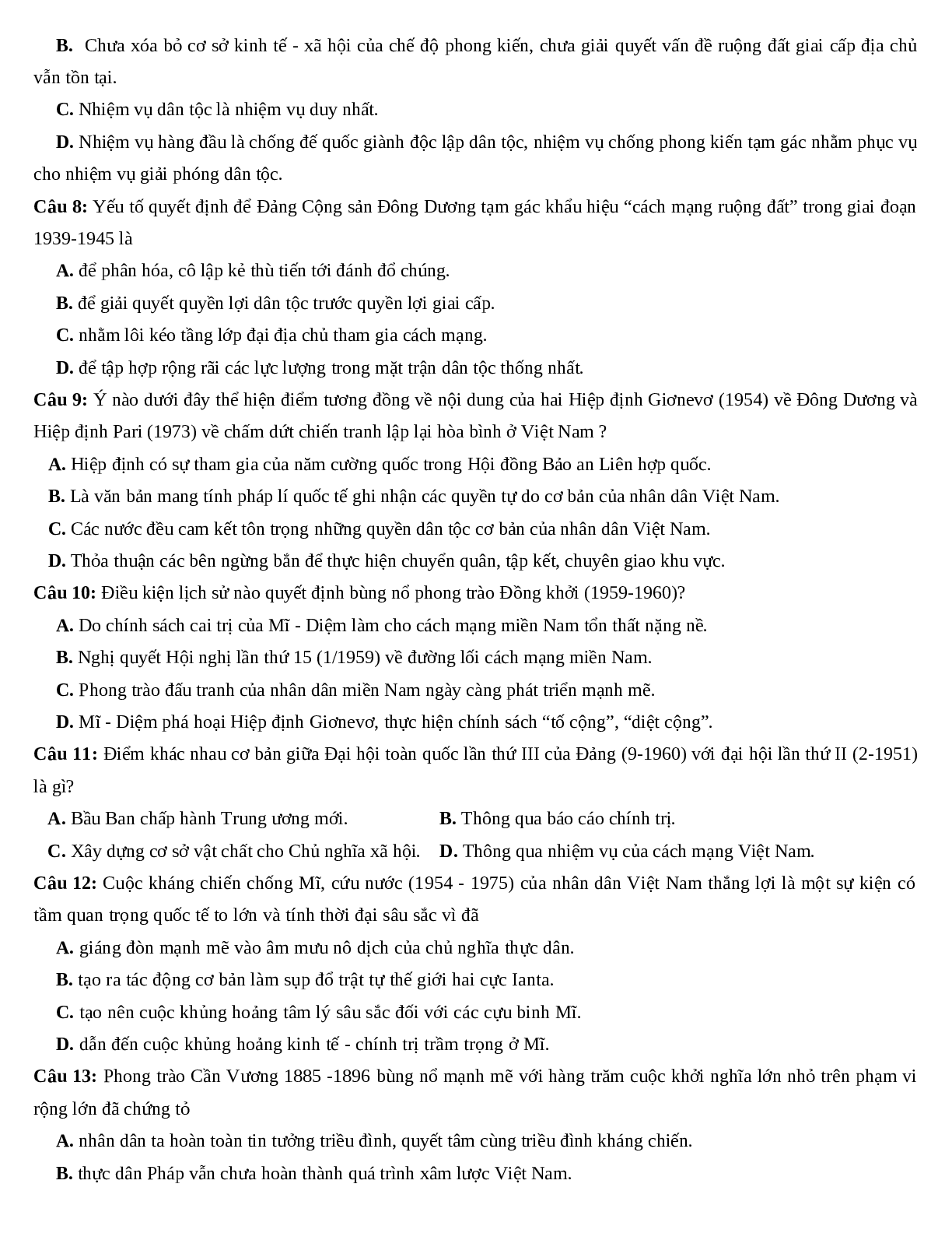 70 câu trắc nghiệm Lịch sử 12 (trang 2)