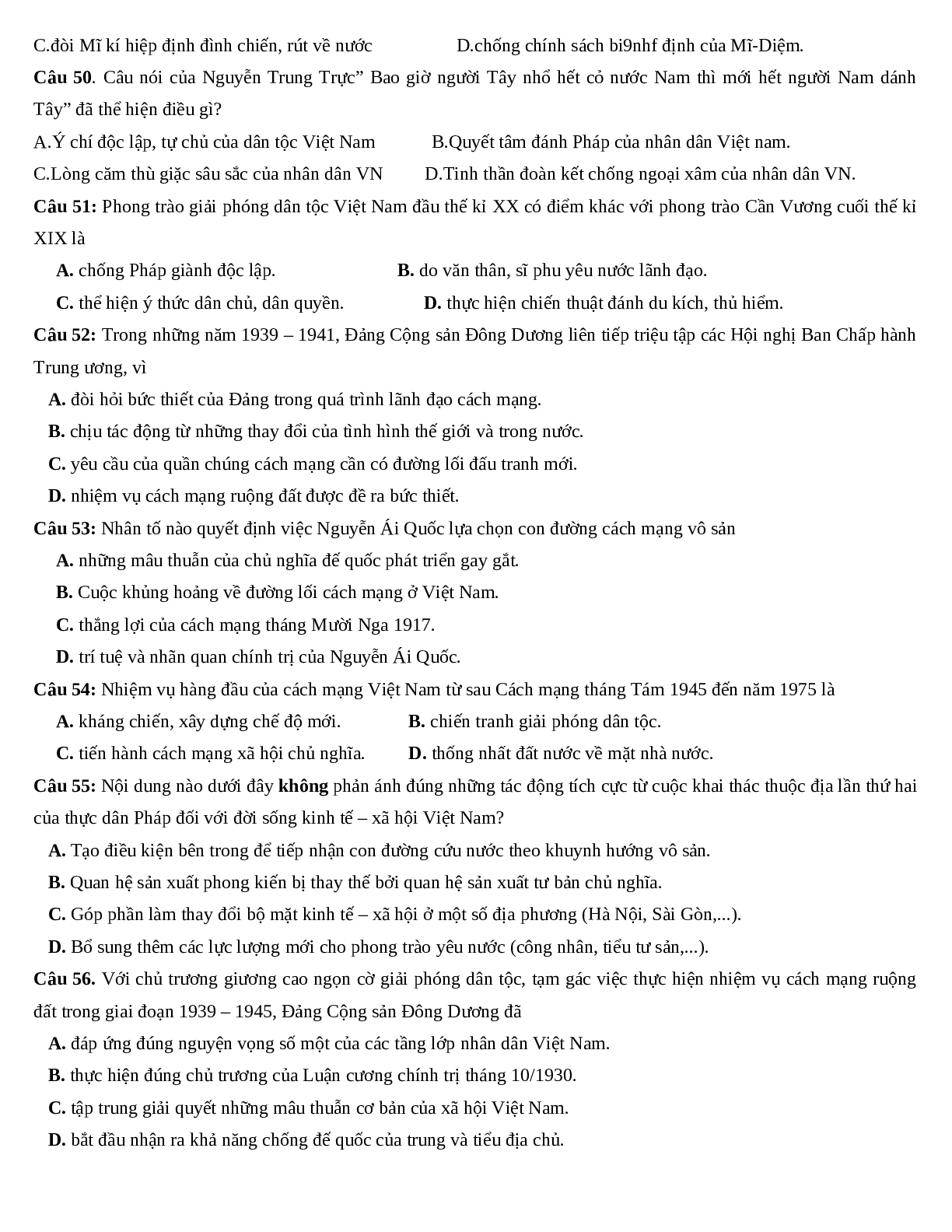 70 câu trắc nghiệm Lịch sử 12 (trang 8)