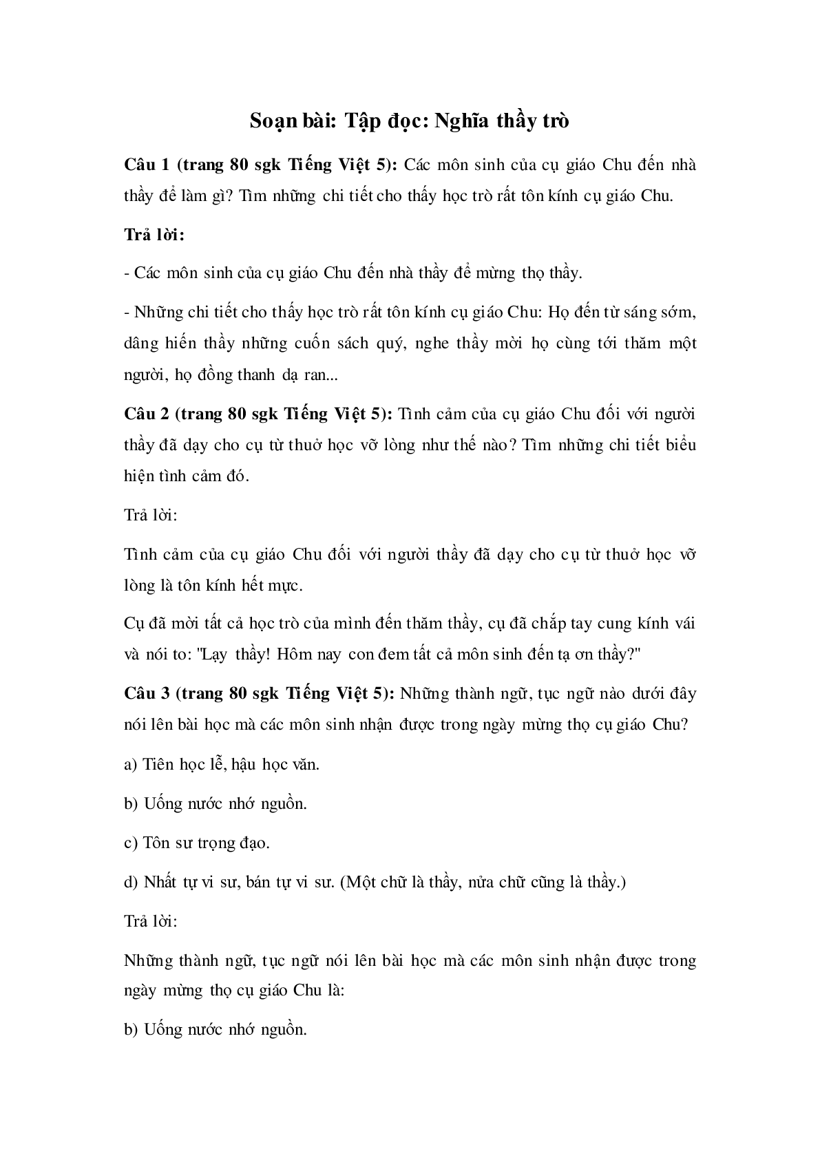 Soạn Tiếng Việt lớp 5: Tập đọc: Nghĩa thầy trò mới nhất (trang 1)